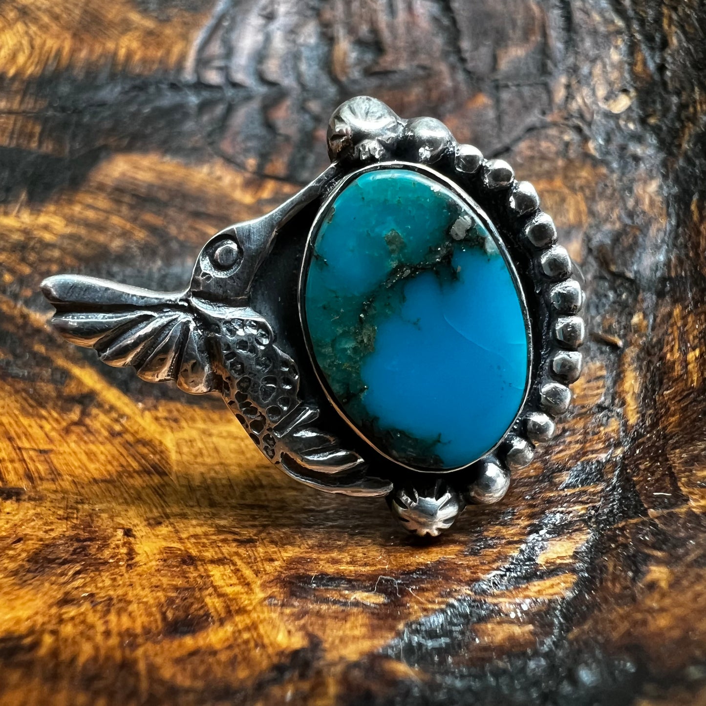 Kingman Turquoise Hummingbird Sterling Silver Ring – Size 9.5