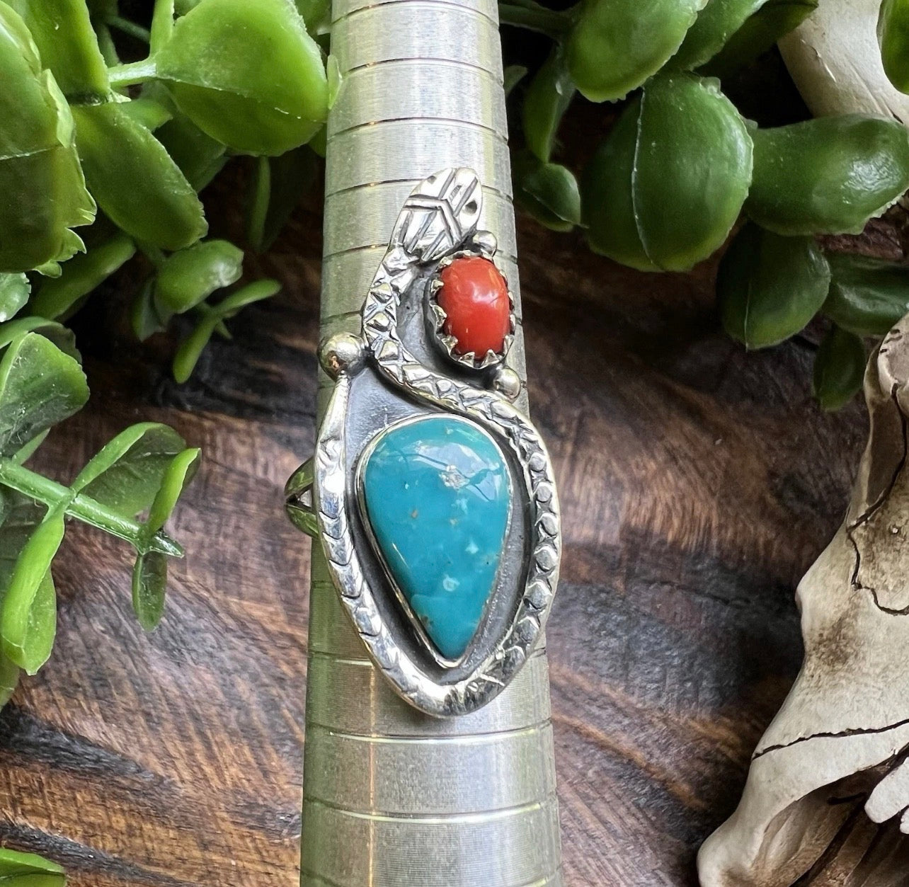 Kingman Turquoise & Italian Red Coral Snake Ring