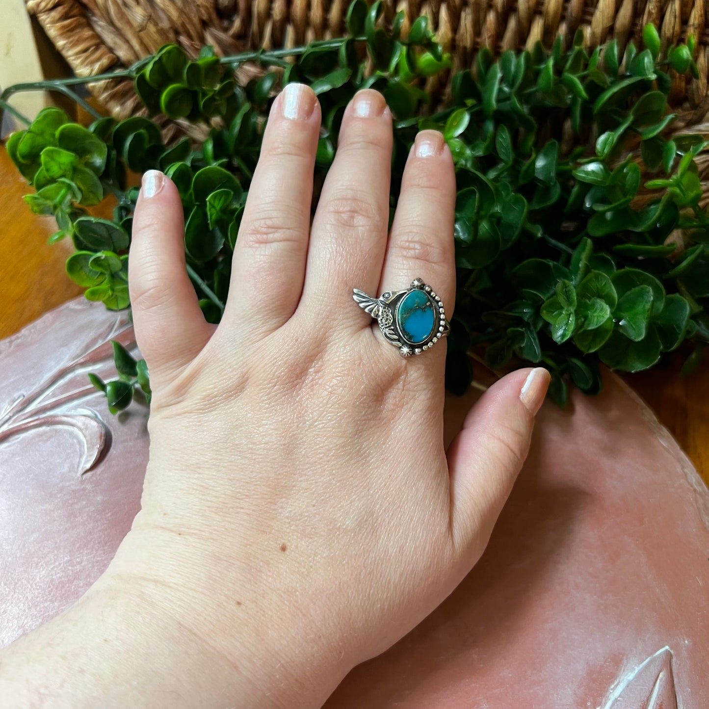 Kingman Turquoise Hummingbird Sterling Silver Ring – Size 9.5