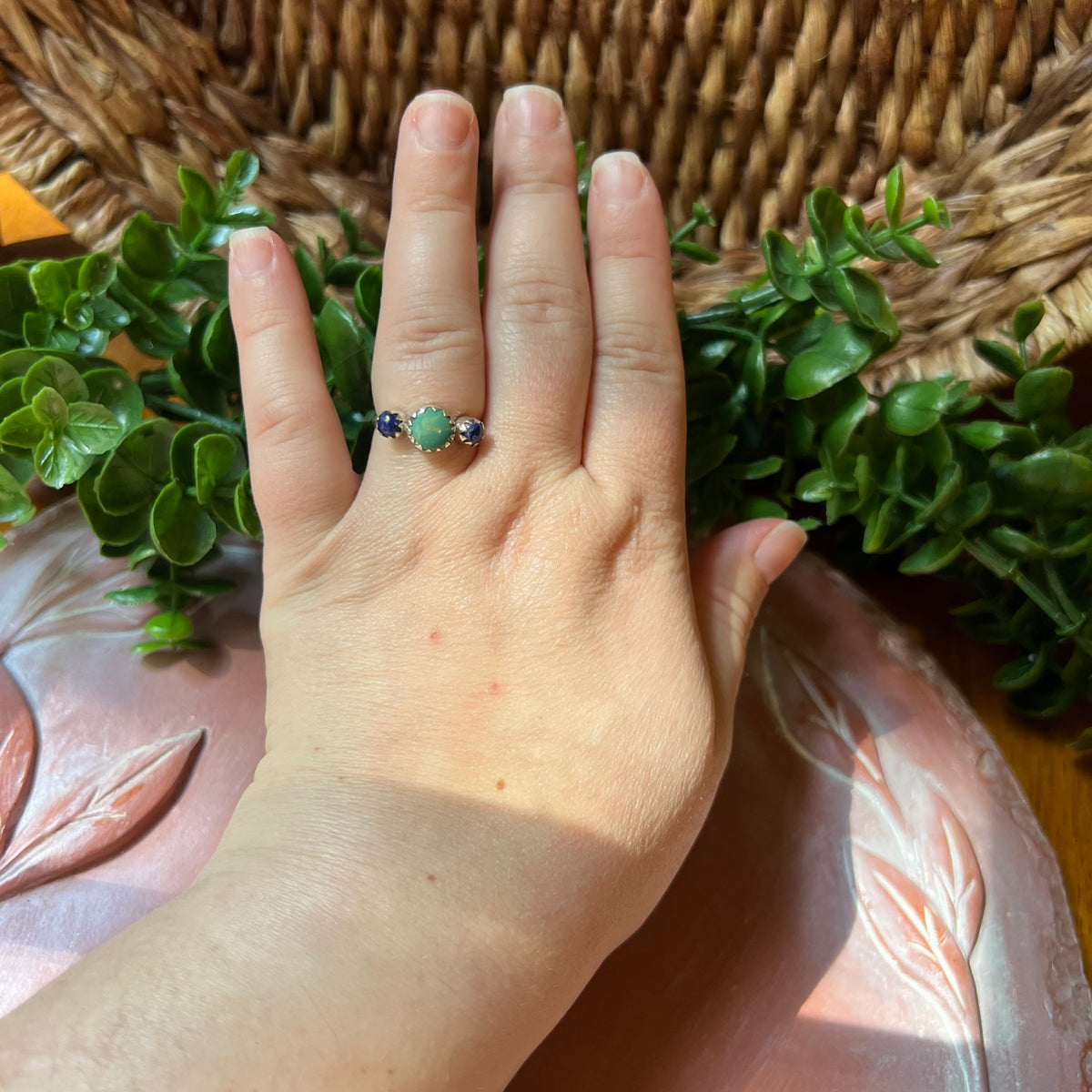 Sterling Silver Kingman Turquoise & Lapis Lazuli Three-Stone Ring