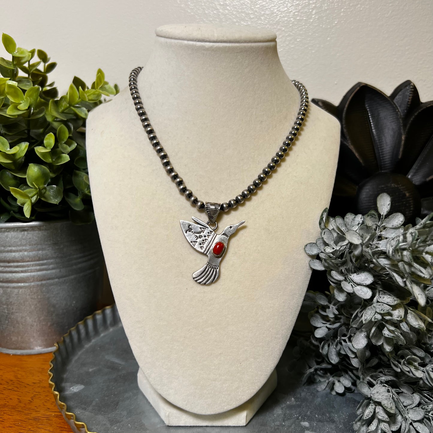 Sterling Silver & Italian Red Coral Hummingbird Pendant