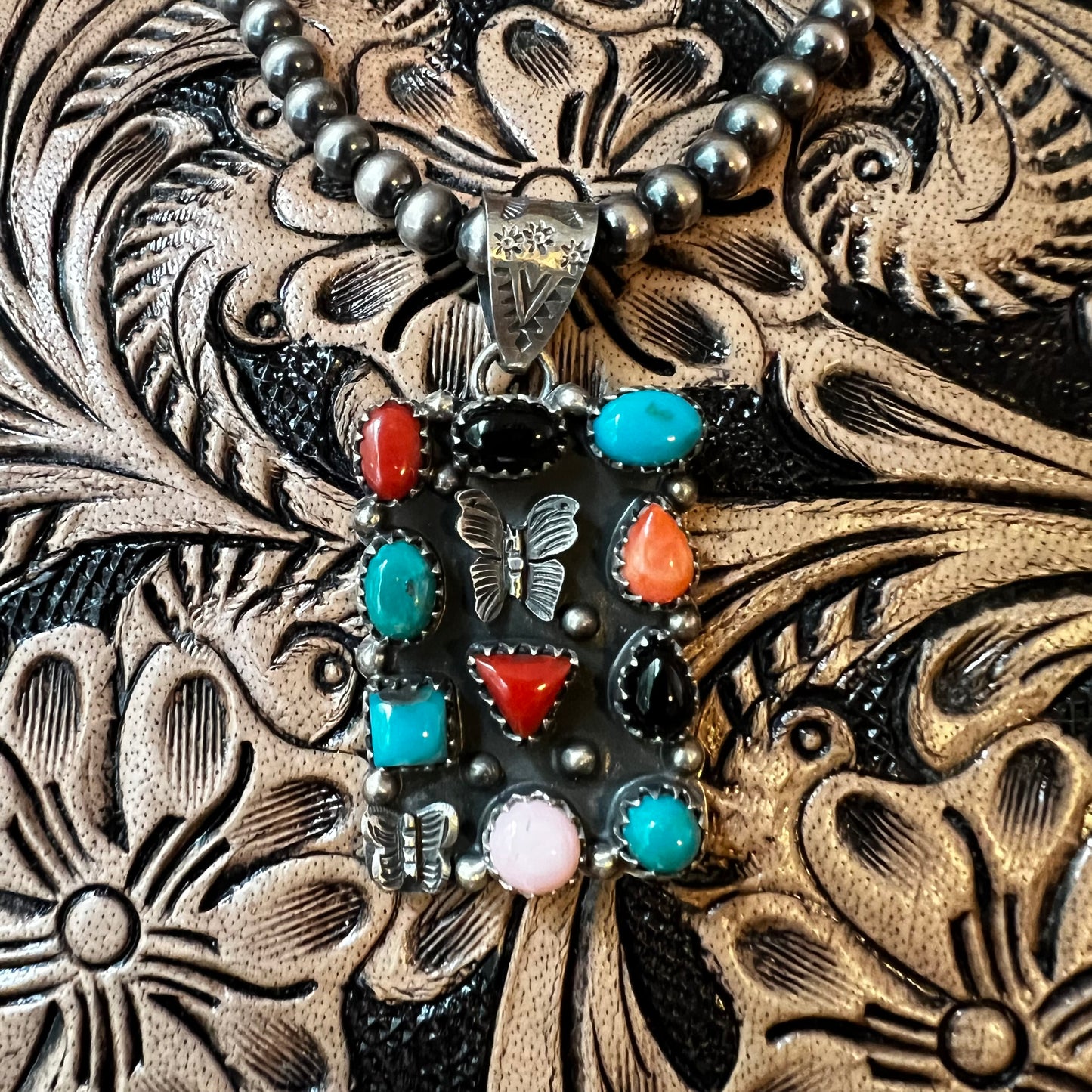 Sterling Silver Multi-Stone Butterfly Statement Pendant | Turquoise, Red Coral, Queen Conch & Black Onyx