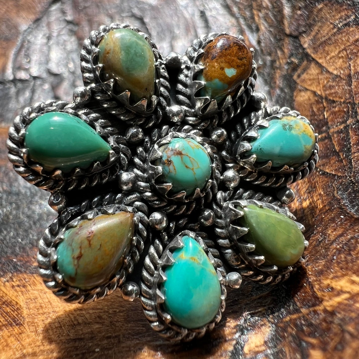 Kingman Turquoise Floral Cluster Ring in Sterling Silver