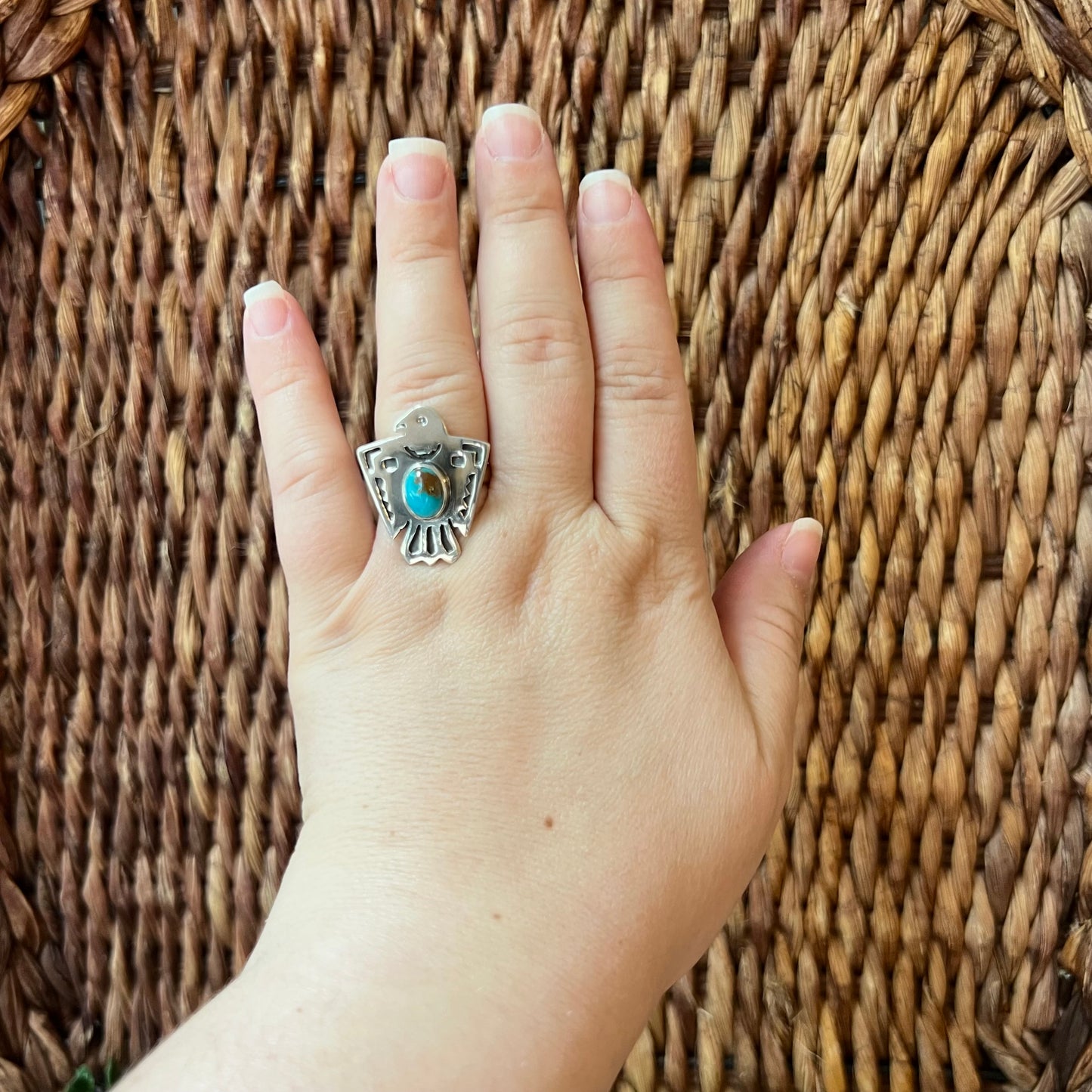 Sterling Silver Kingman Turquoise Thunderbird Ring Size 8.5