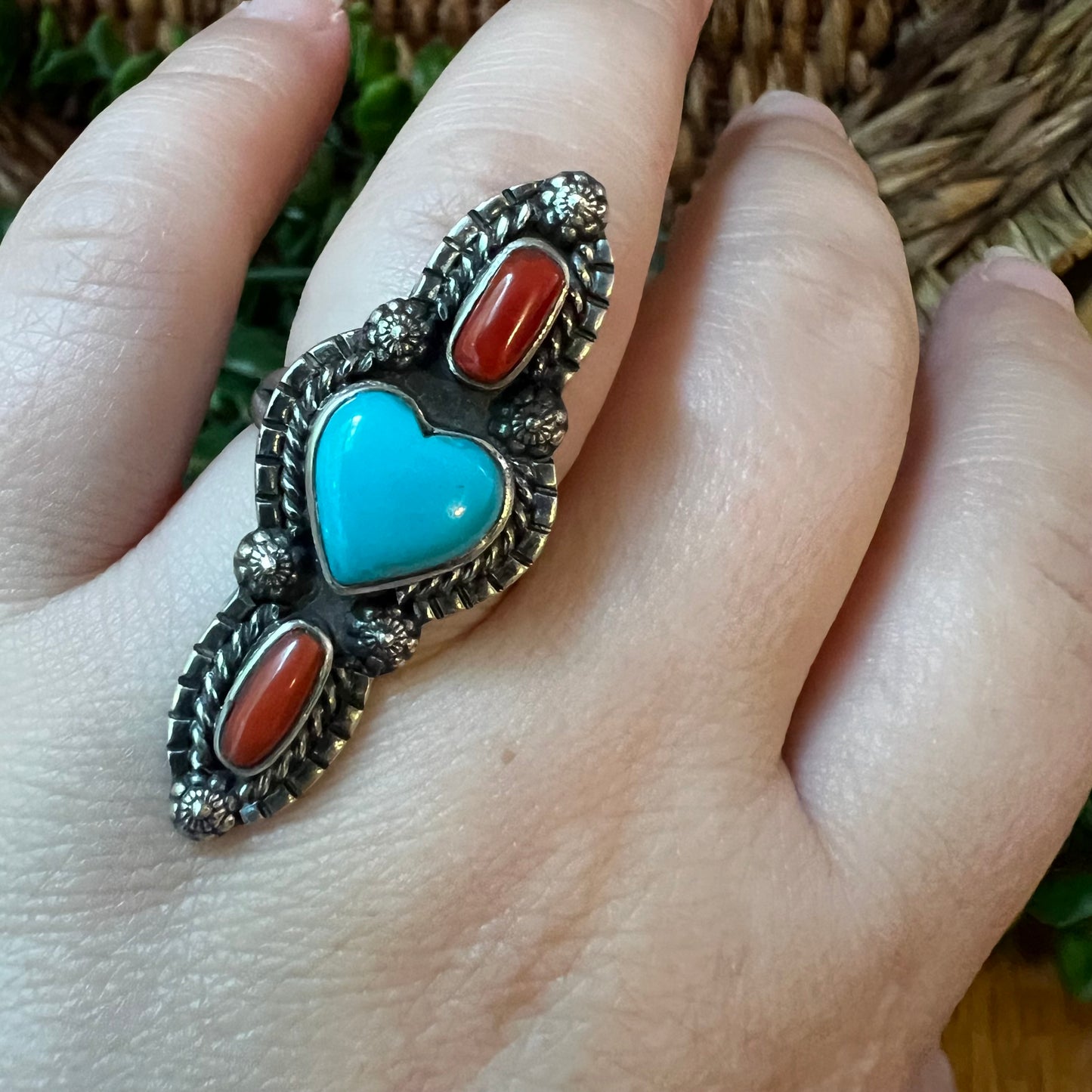 Sterling Kingman Turquoise Heart Italian Red Coral Ring Size 8