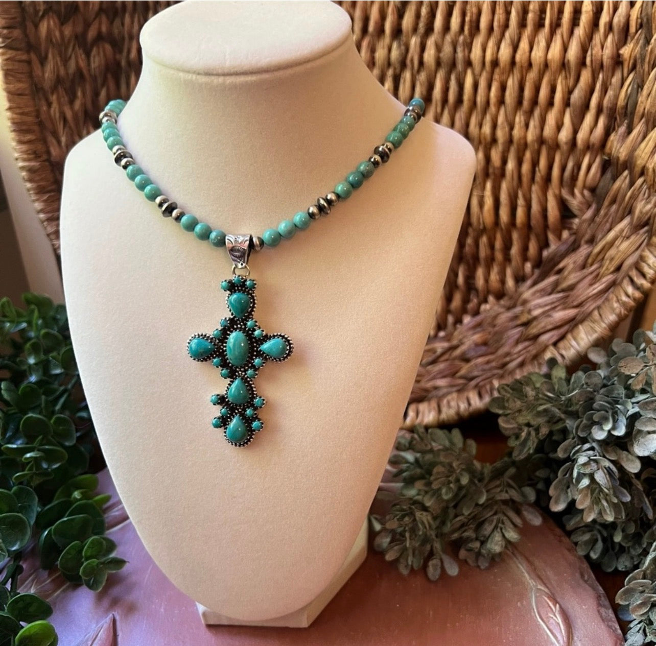 Sterling Silver & Kingman Turquoise Cluster Cross Pendant