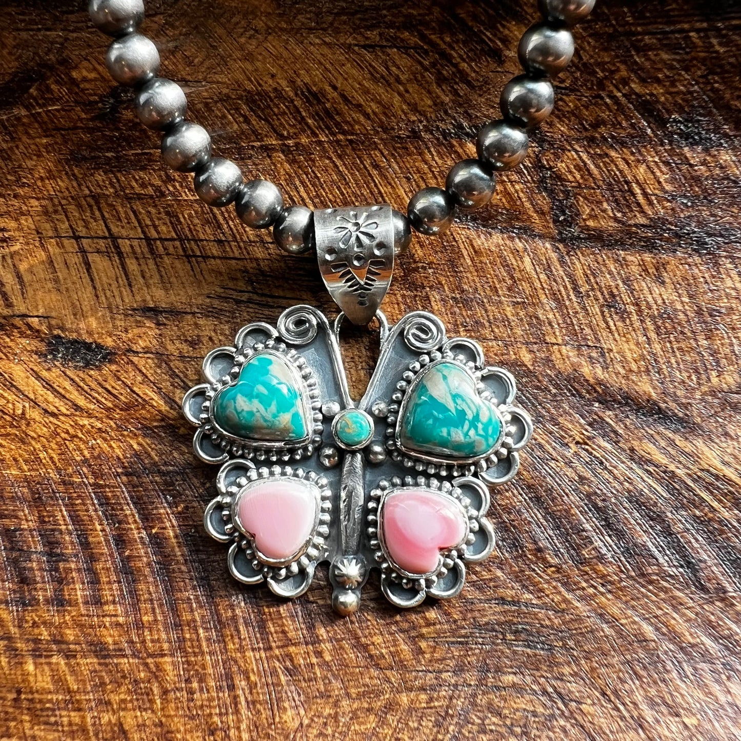 Ribbon Turquoise & Queen Conch Butterfly Pendant | Sterling Silver Handmade Southwest Jewelry