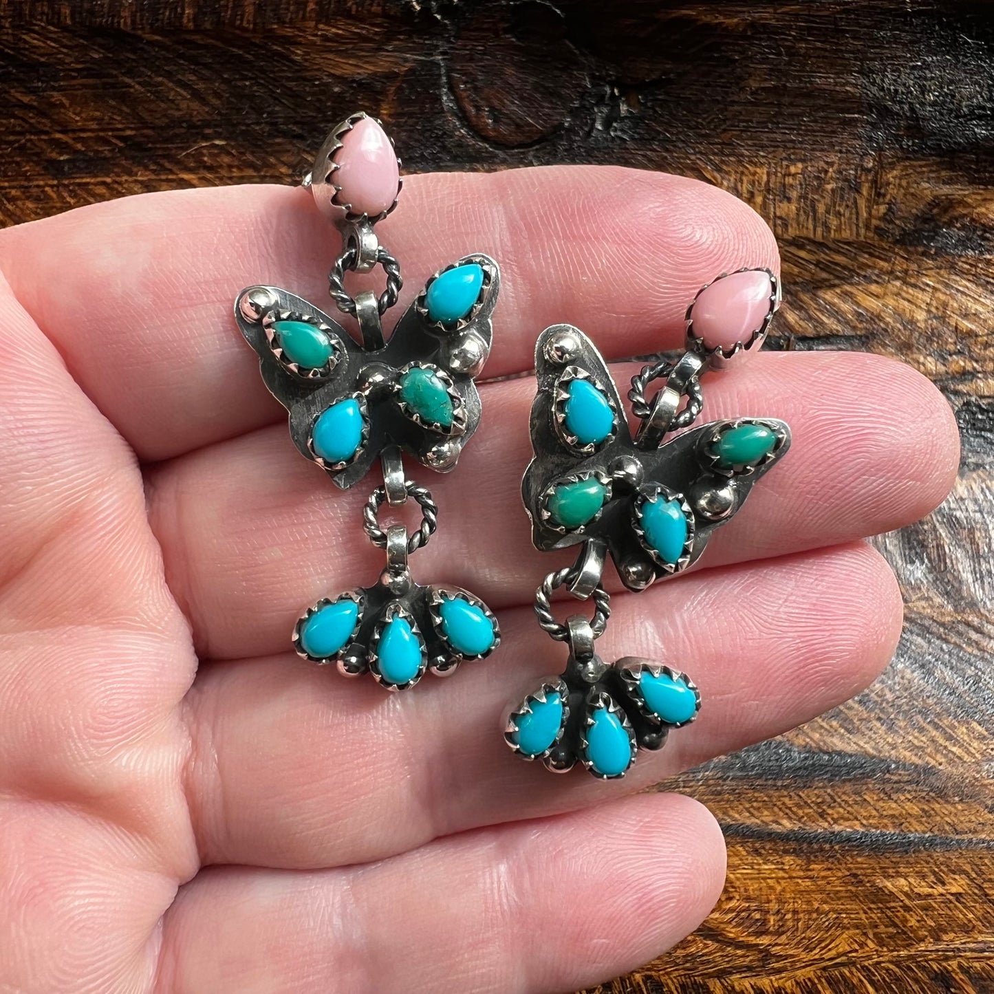 Sterling Silver Kingman Turquoise & Queen Conch Butterfly Dangle Earrings