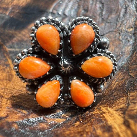 Spiny Oyster Floral Cluster Ring in Sterling Silver