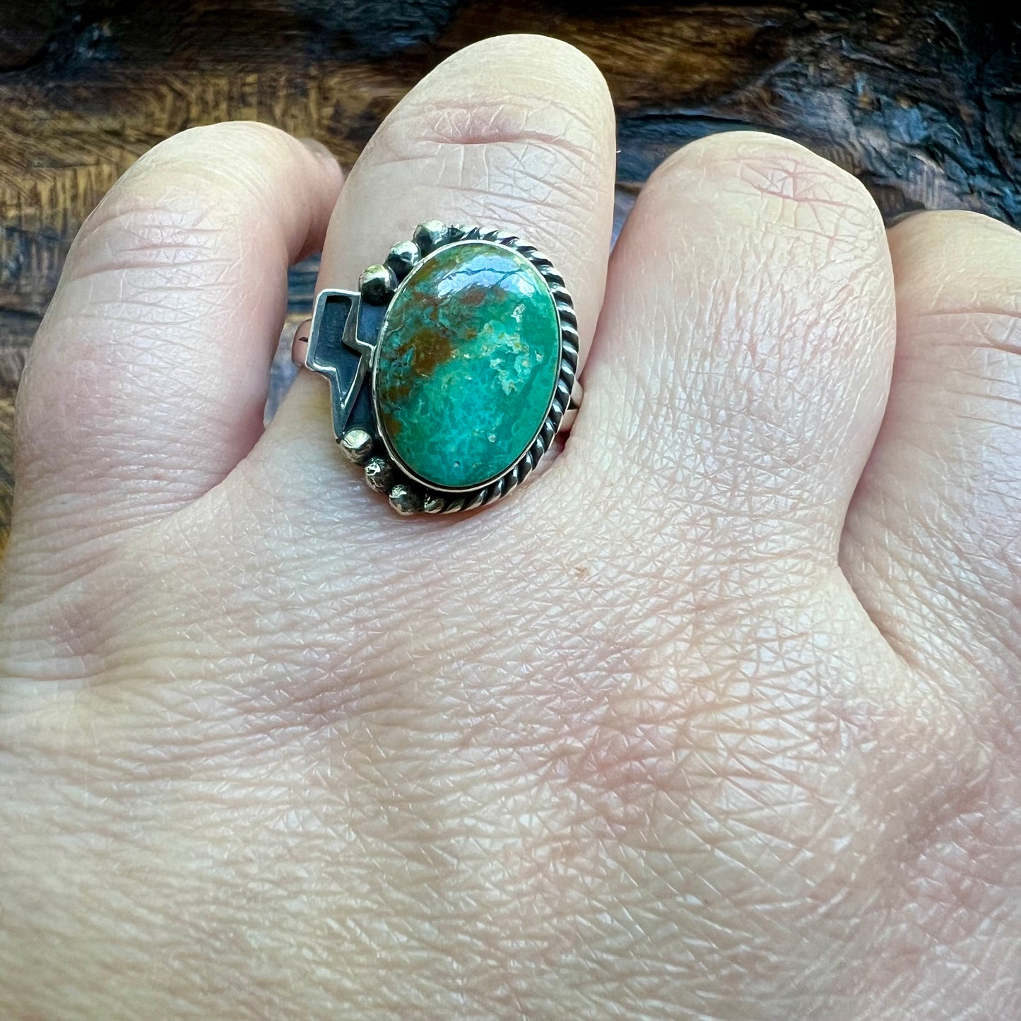 Kingman Turquoise Lightning Bolt Ring – Sterling Silver Size 10
