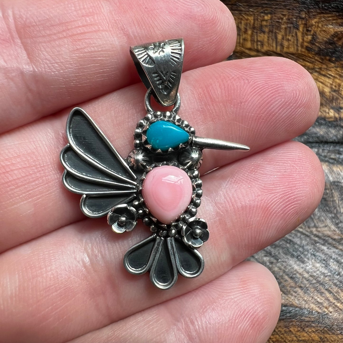 Pink Conch & Kingman Turquoise Hummingbird Sterling Silver Pendant