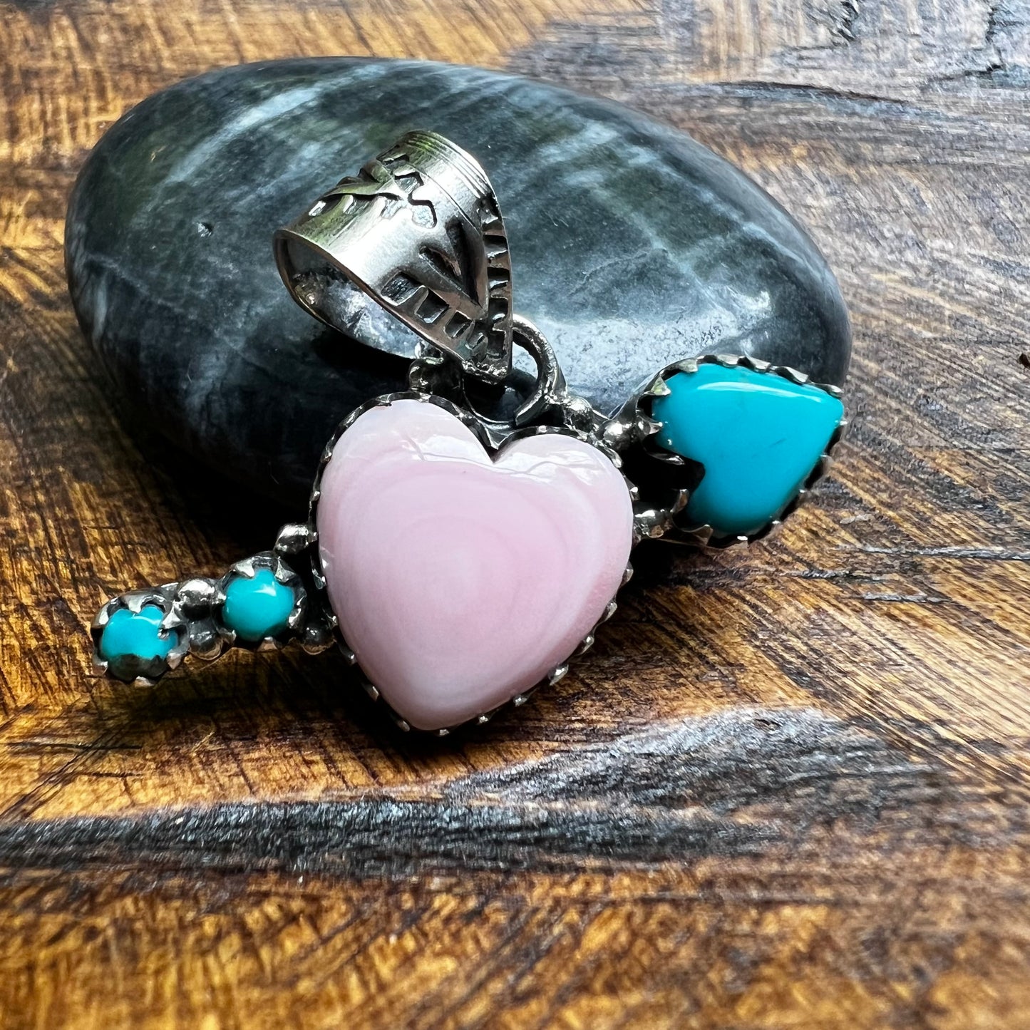 Queen Conch Heart & Kingman Turquoise Arrow Sterling Silver Pendant