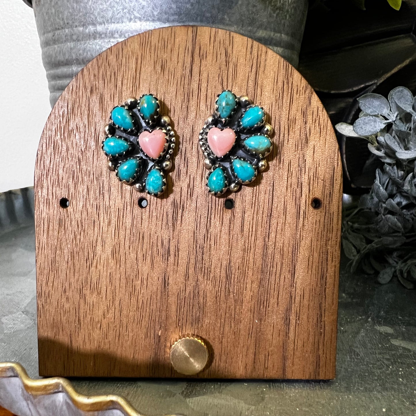 Sterling Silver Kingman Turquoise Queen Conch Heart Half Cluster Earrings ￼