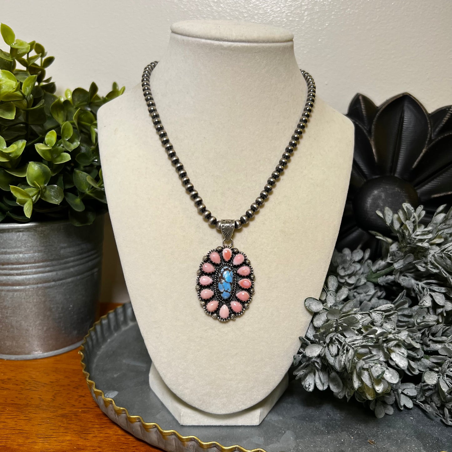 Golden Hills Turquoise & Queen Conch Statement Cluster Sterling Silver Pendant