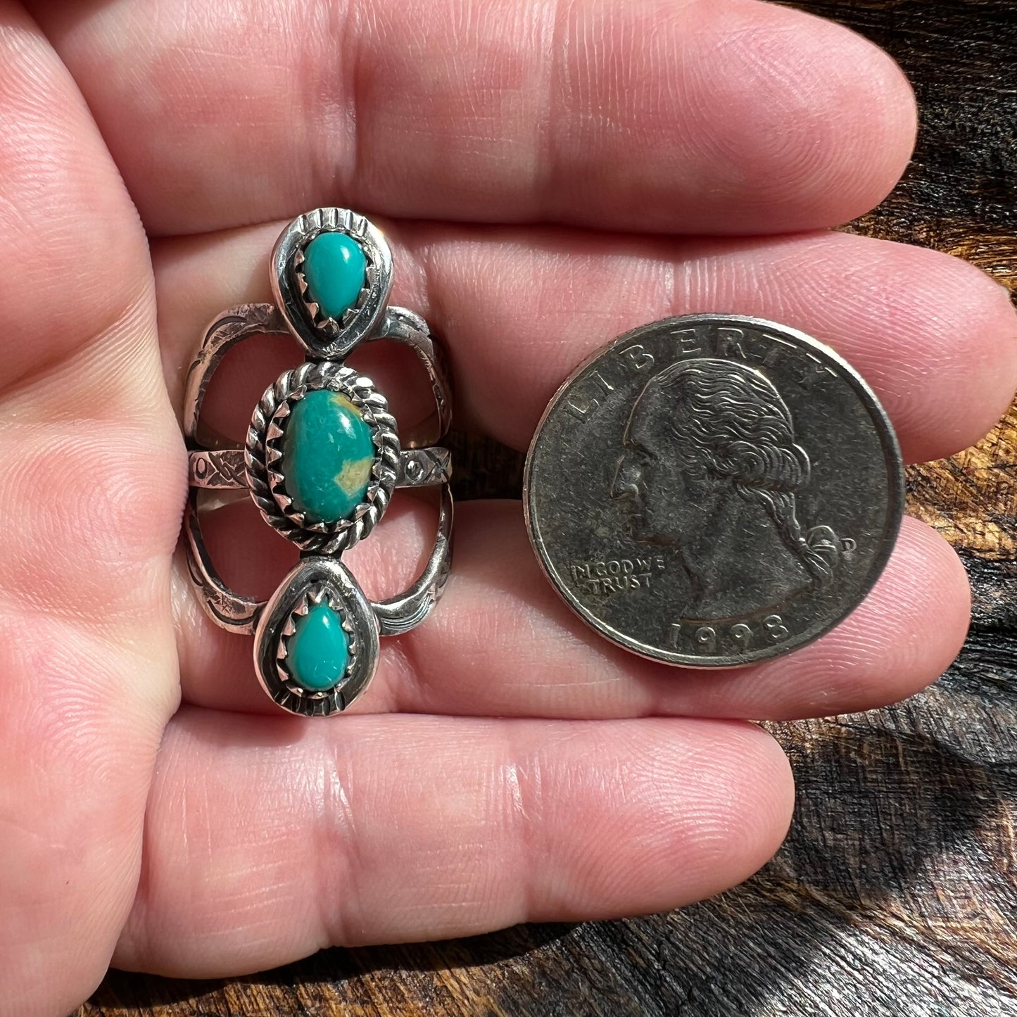 Kingman Turquoise Triple Stone Split Shank Ring – Size 8