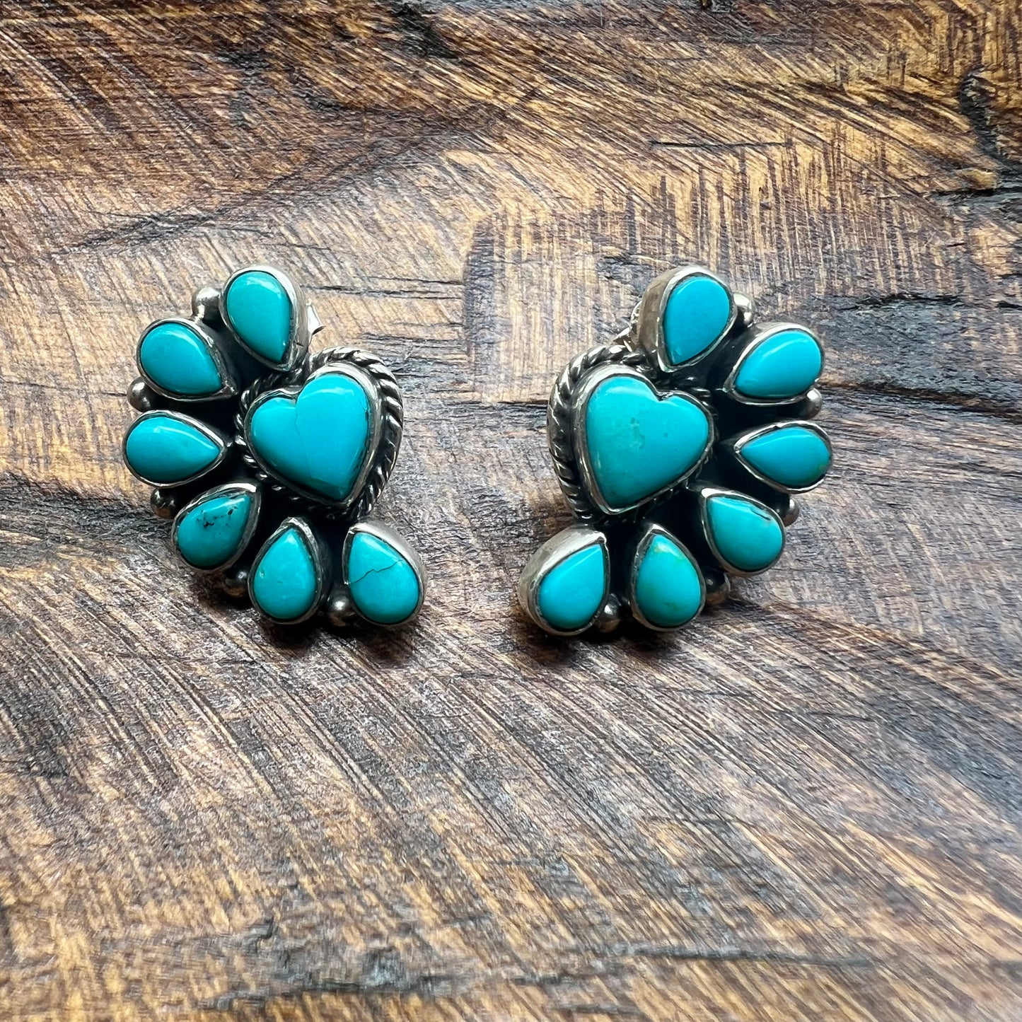 Kingman Turquoise Heart Half Cluster Stud Earrings Sterling Silver