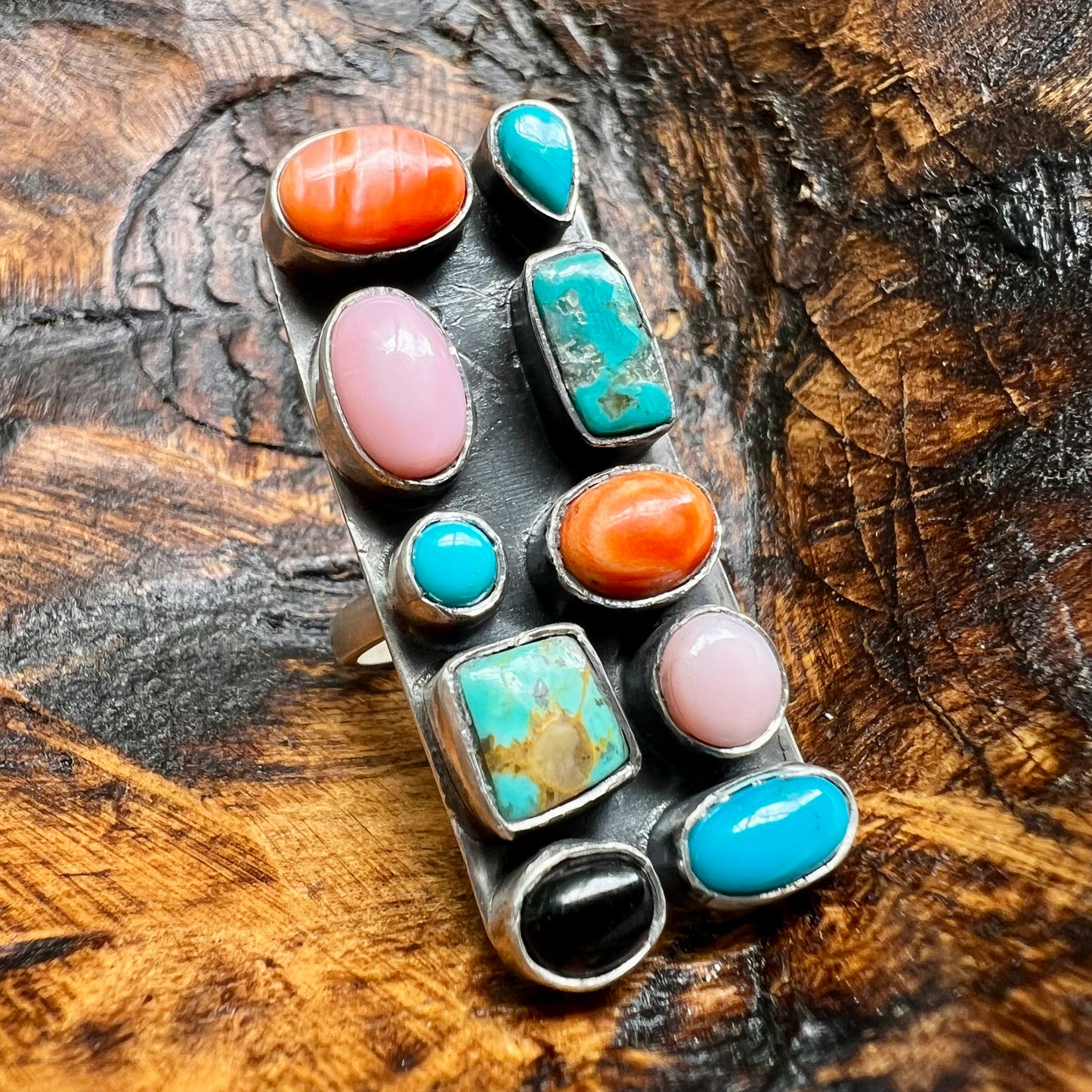 Sterling Silver Multi-Stone Statement Ring | Kingman Turquoise, Queen Conch, Spiny Oyster & Black Onyx