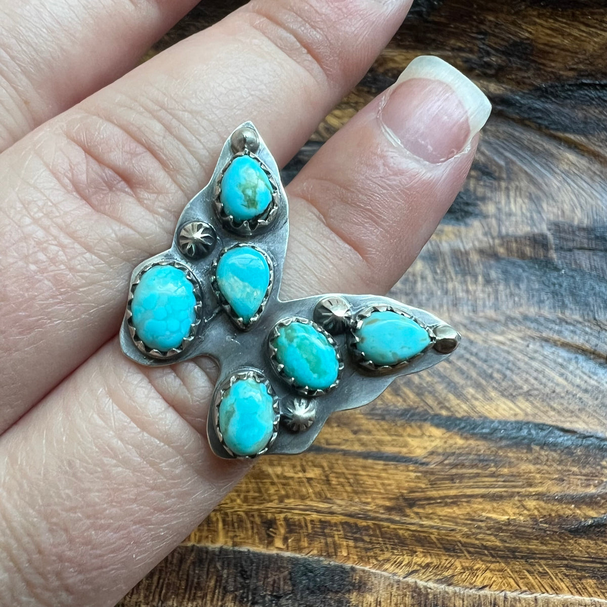Sterling Silver Sonoran Gold Turquoise Butterfly Cluster Ring Size 6.5