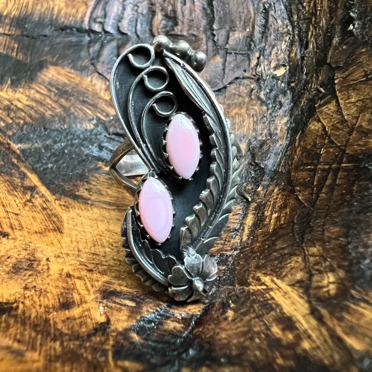 Sterling Silver Queen Conch Double Stone Floral Leaf Ring Size 8