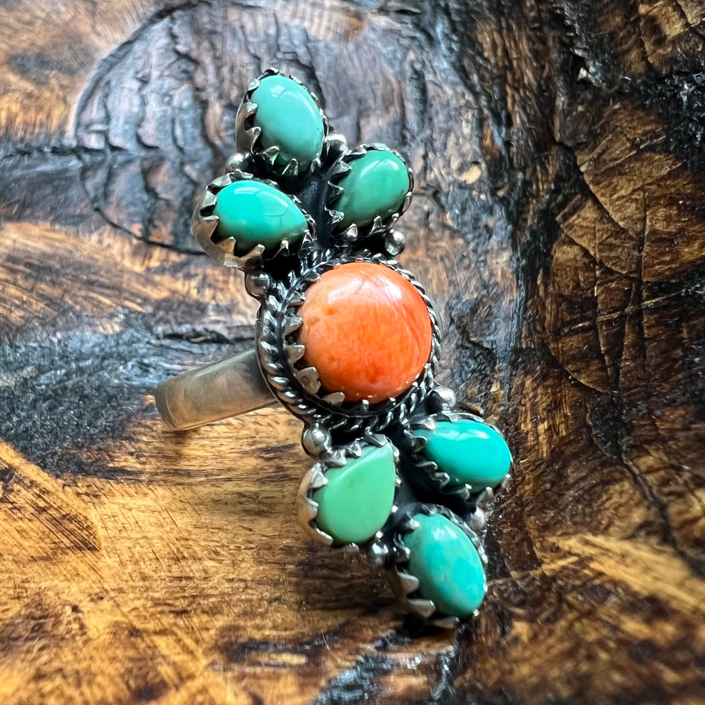 Sterling Silver Spiny Oyster Turquoise Cluster Ring Adjustable Size 9