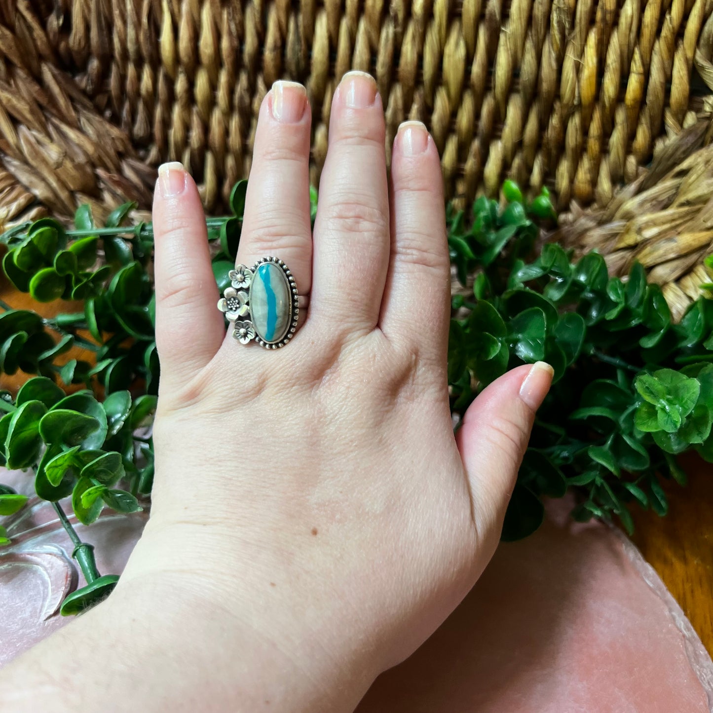 Ribbon Turquoise Floral Sterling Silver Statement Ring – Adjustable Size 9