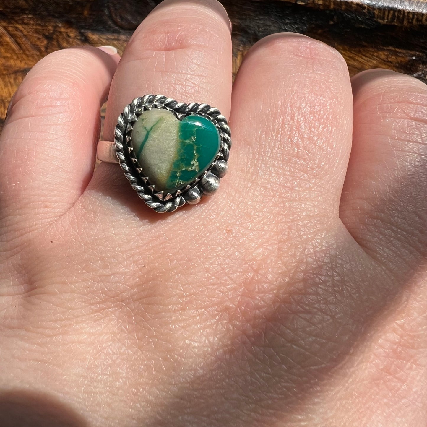 Sterling Silver Ribbon Turquoise Heart Ring Size 10 Adjustable