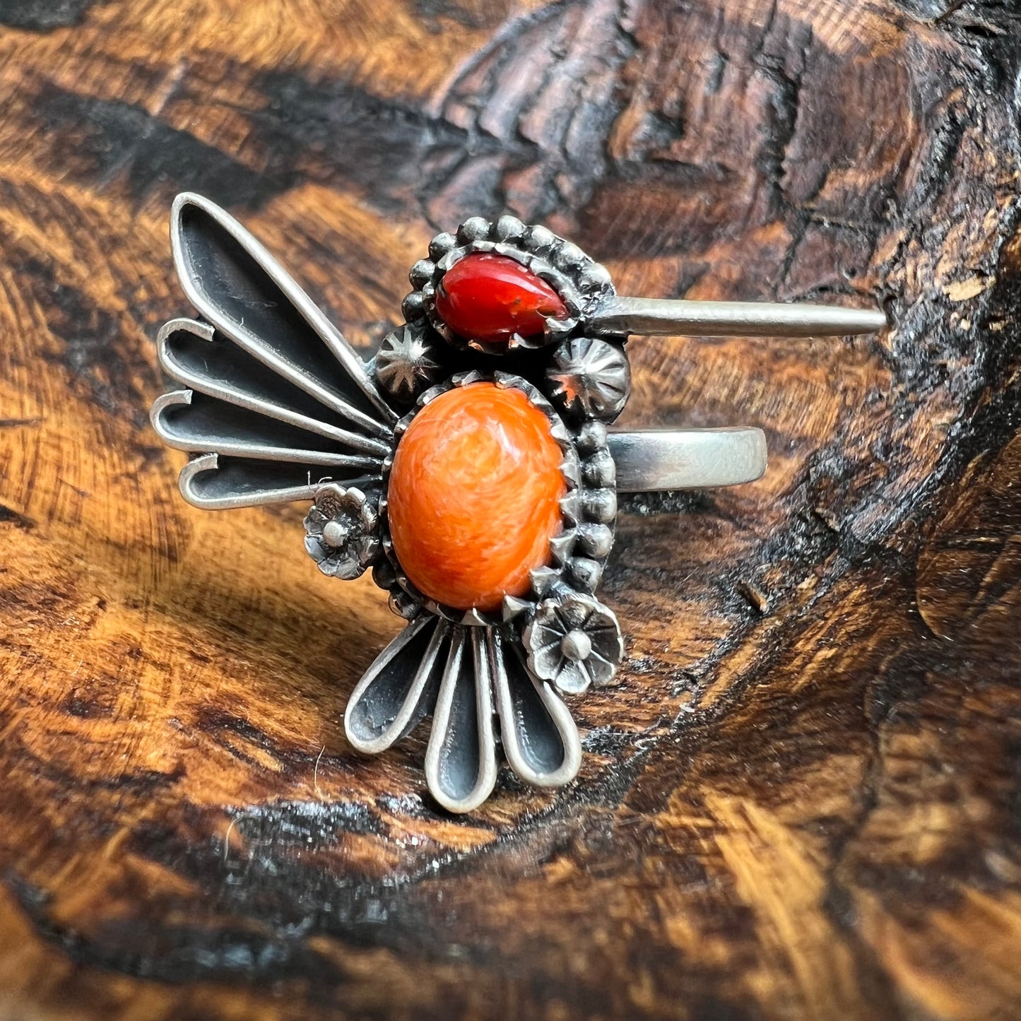 Sterling Silver Spiny Oyster Italian Red Coral Hummingbird Adjustable Ring