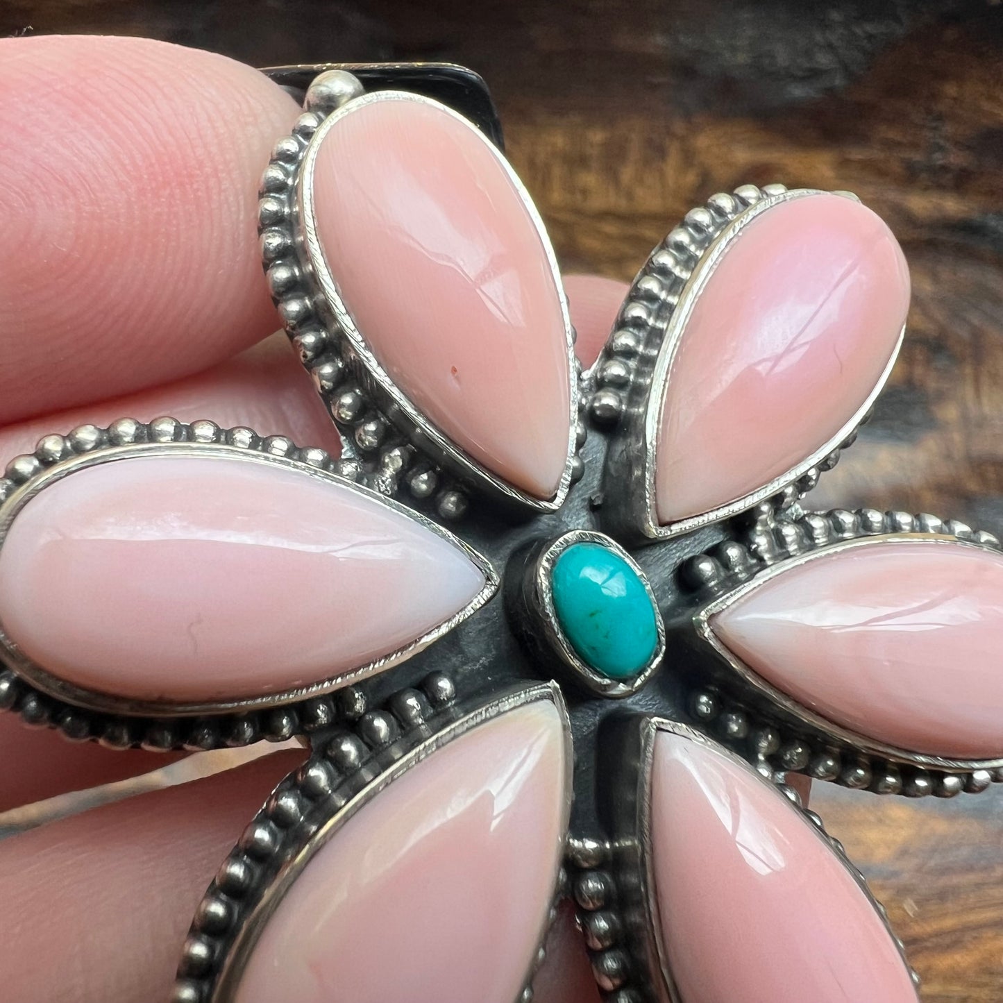 Queen Conch & Kingman Turquoise Flower Ring – Sterling Silver Statement | Size 8.5