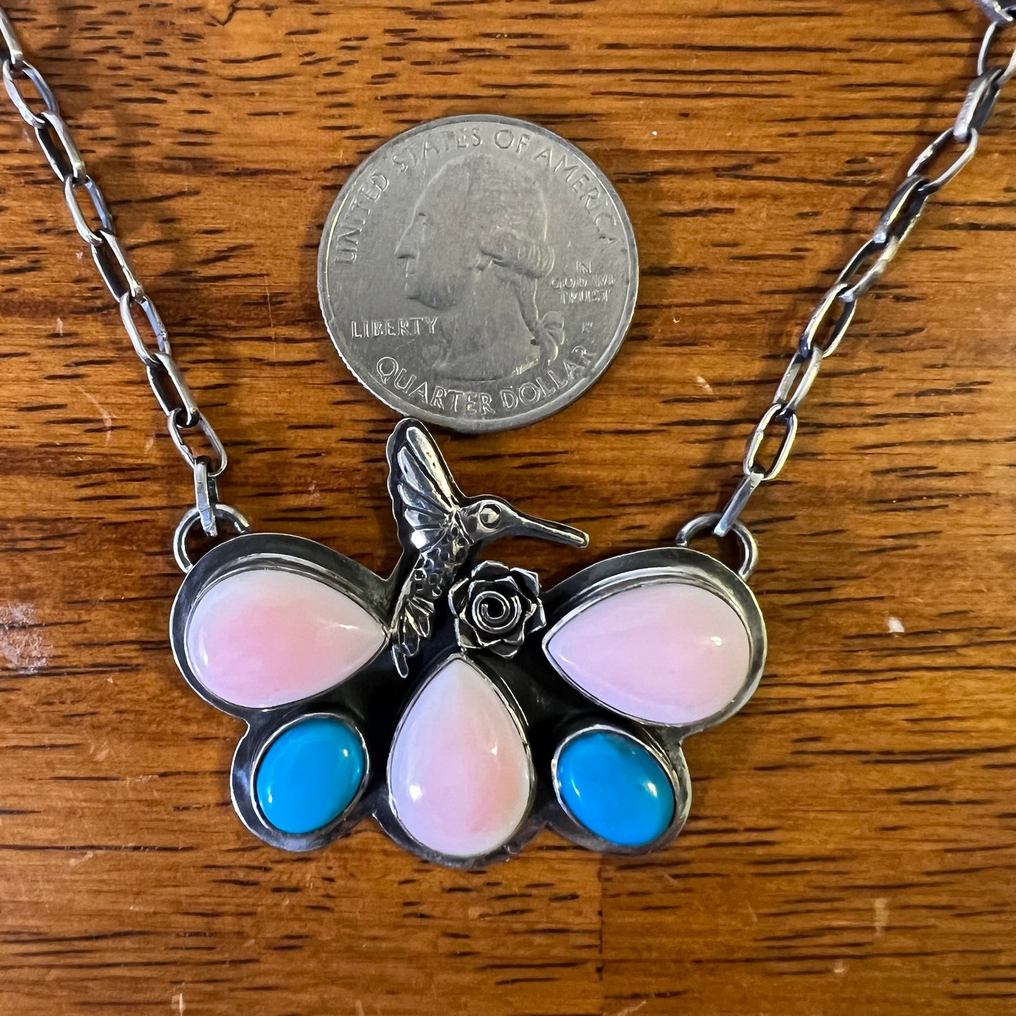 Pink Conch, Turquoise & Sterling Silver Hummingbird Necklace