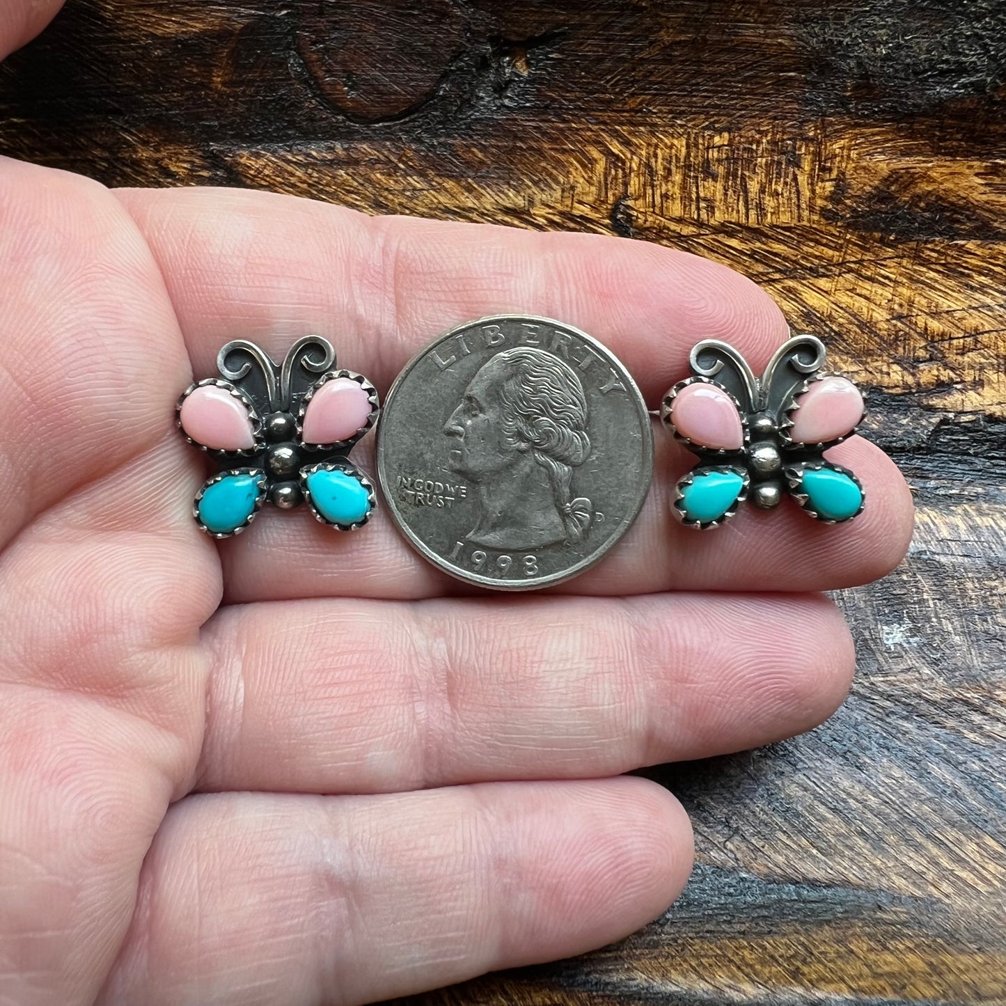 Sterling Silver Queen Conch & Kingman Turquoise Butterfly Stud Earrings
