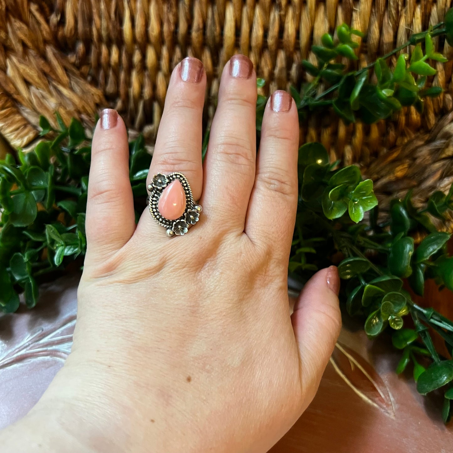 Pink Queen Conch Floral Ring – Size 7