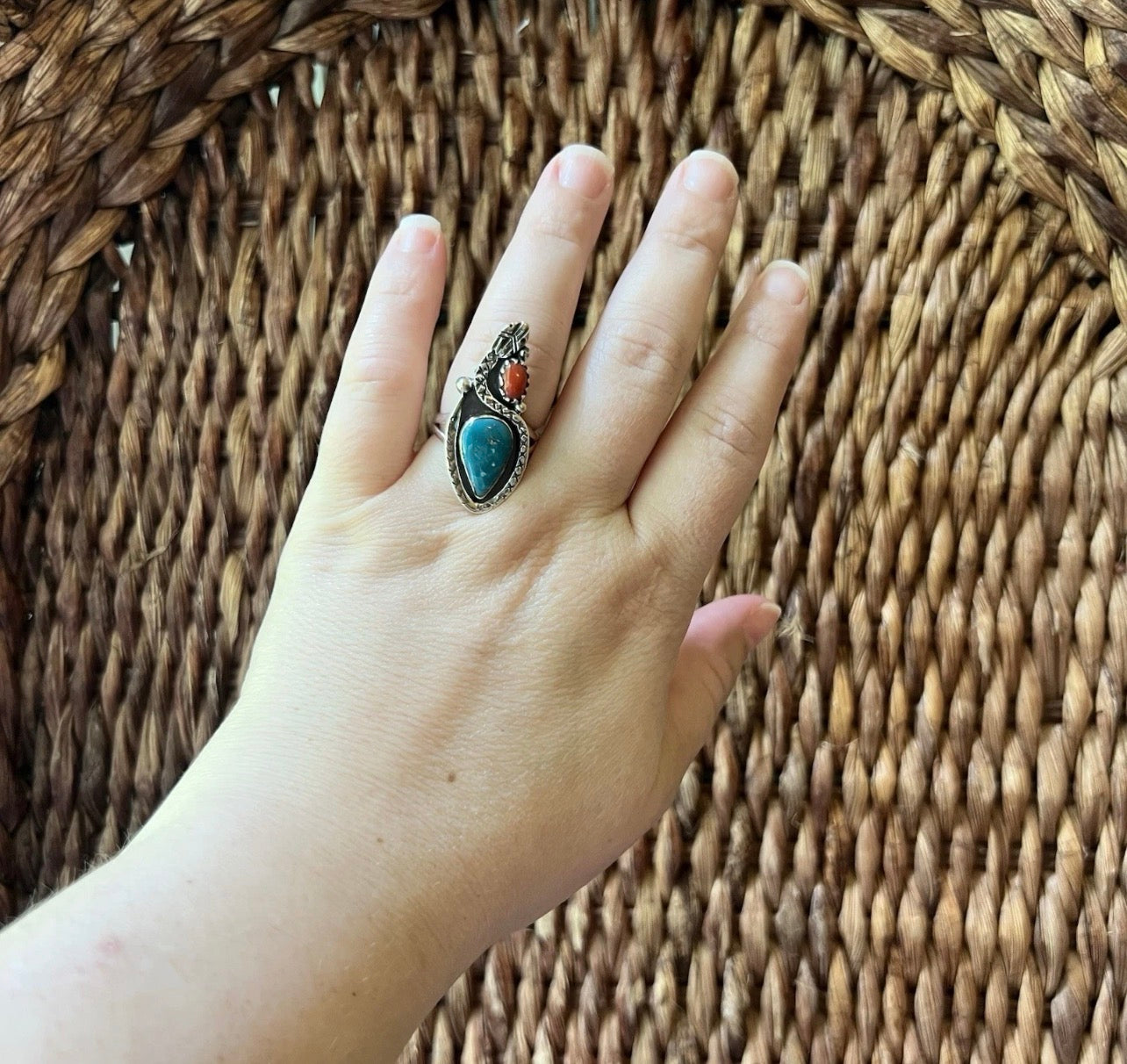 Kingman Turquoise & Italian Red Coral Snake Ring