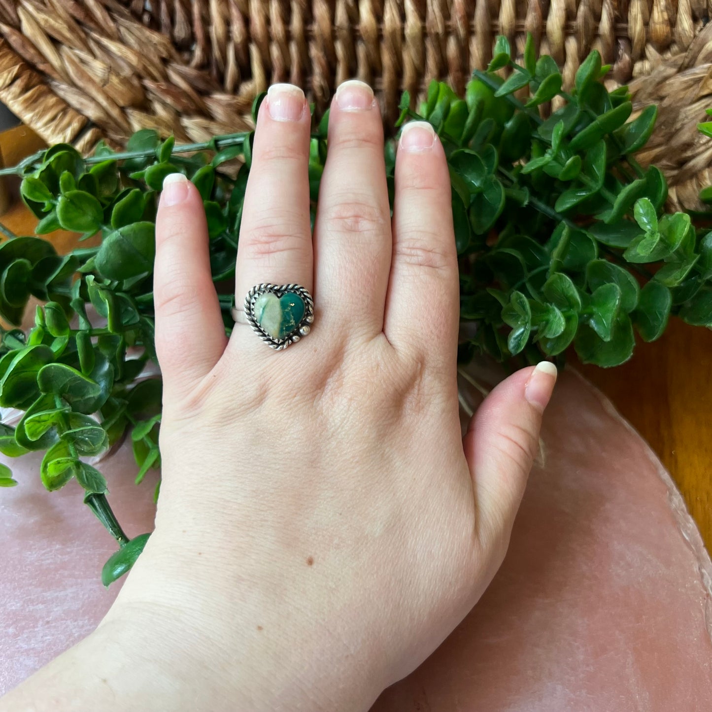 Sterling Silver Ribbon Turquoise Heart Ring Size 10 Adjustable