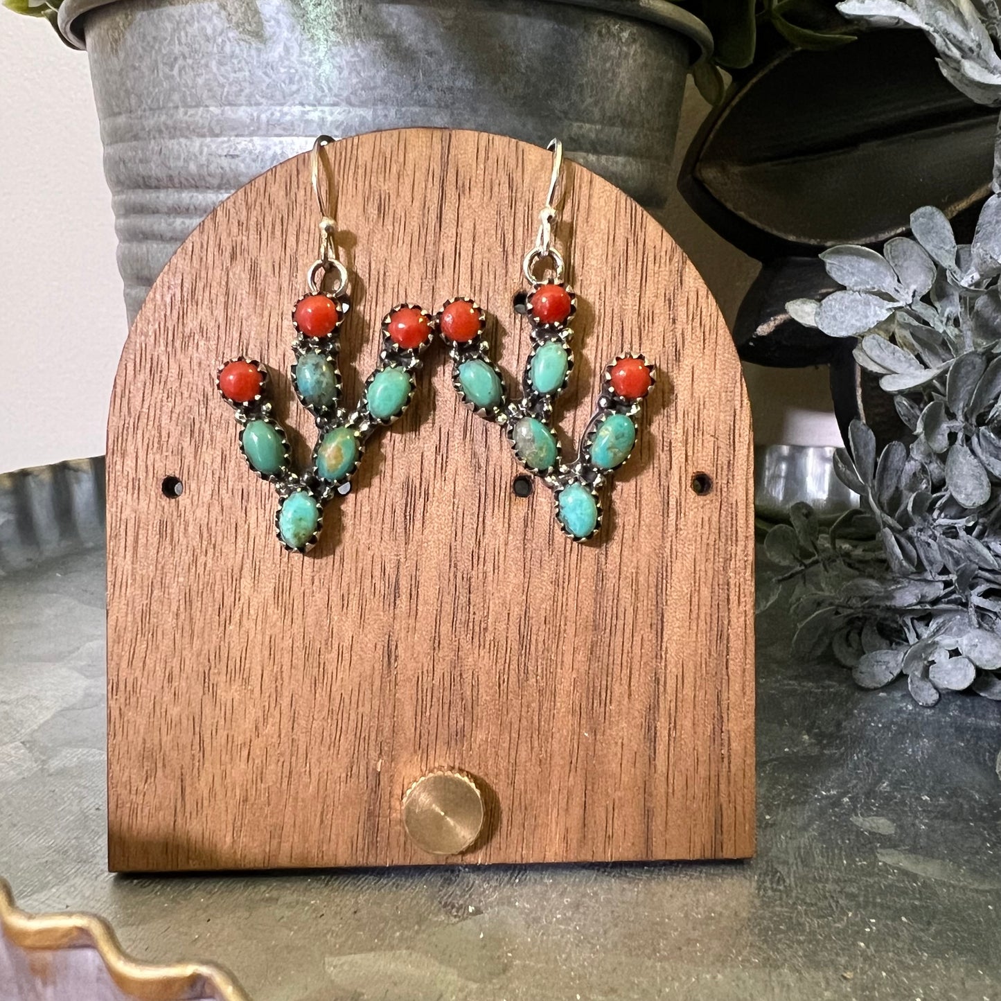 Sterling Silver Kingman Turquoise Red Coral Cactus Dangle Earrings