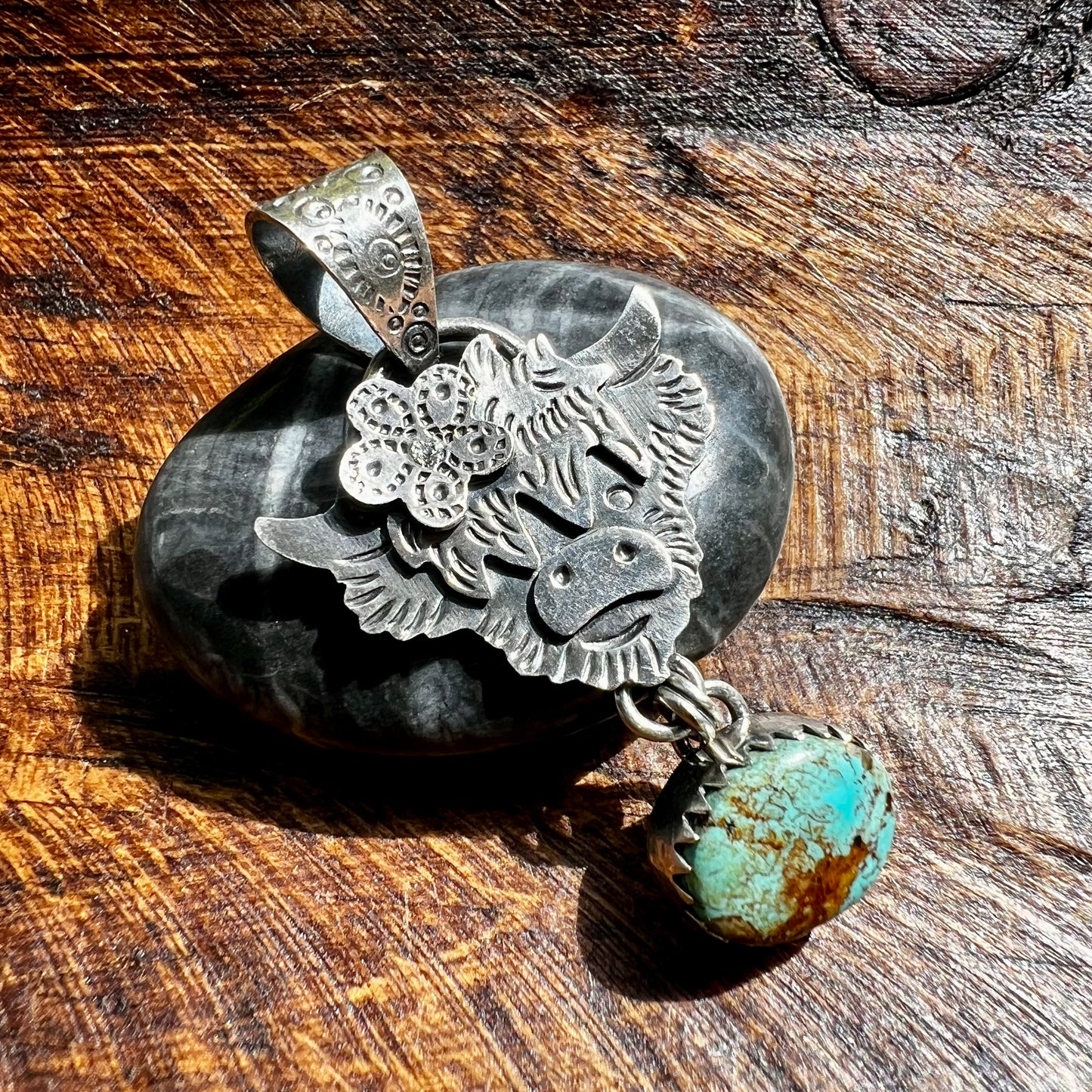 Highland Cow Kingman Turquoise Sterling Silver Pendant