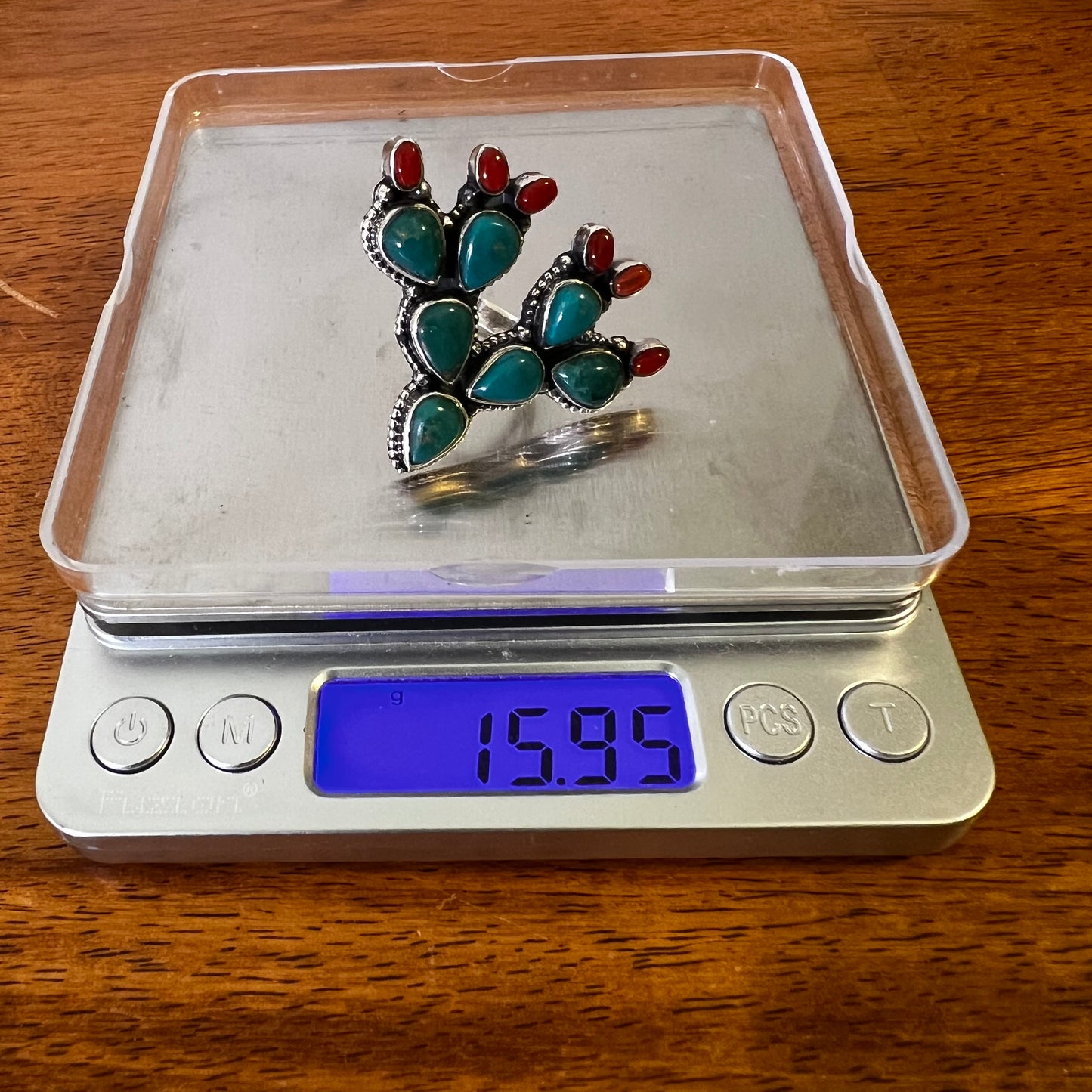 Sterling Kingman Turquoise Red Coral Cactus Ring Size 8 Statement Ring