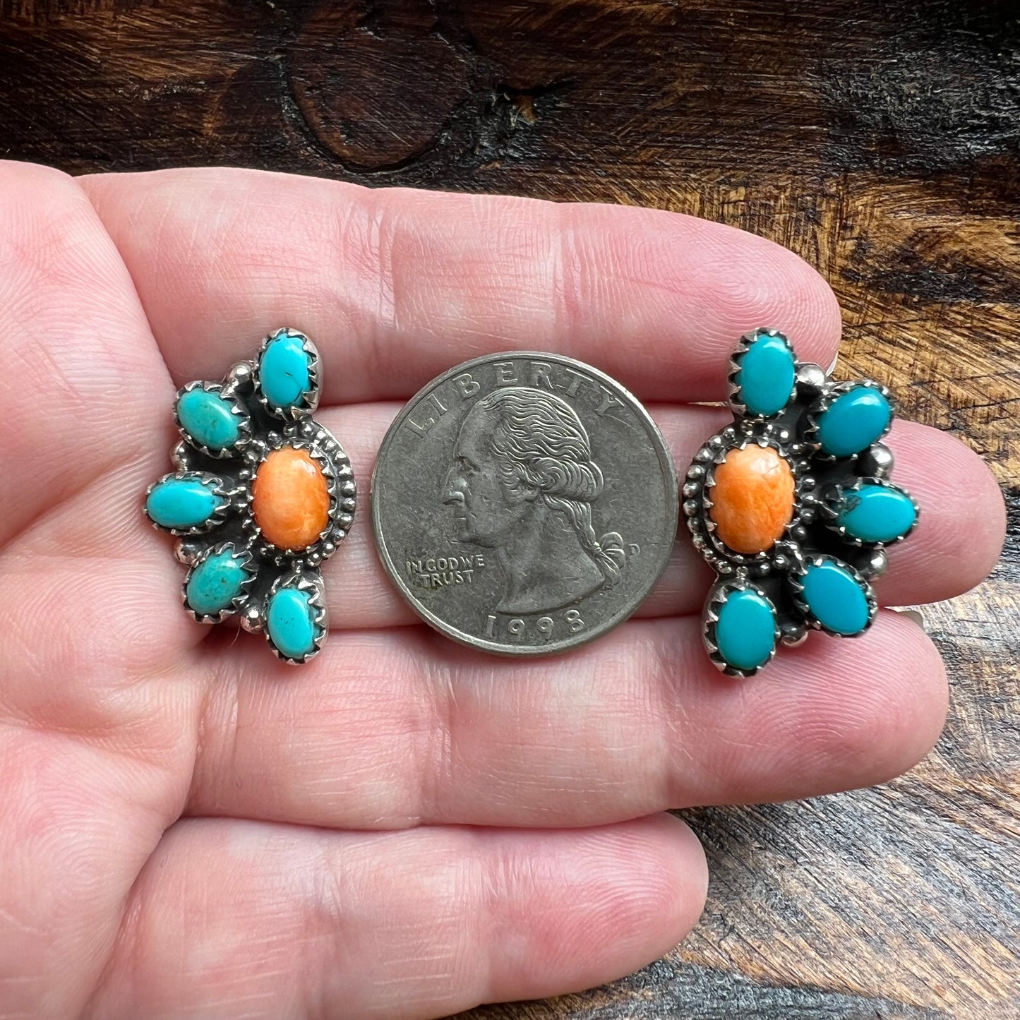 Sterling Silver Kingman Turquoise Spiny Oyster Half Cluster Stud Earrings