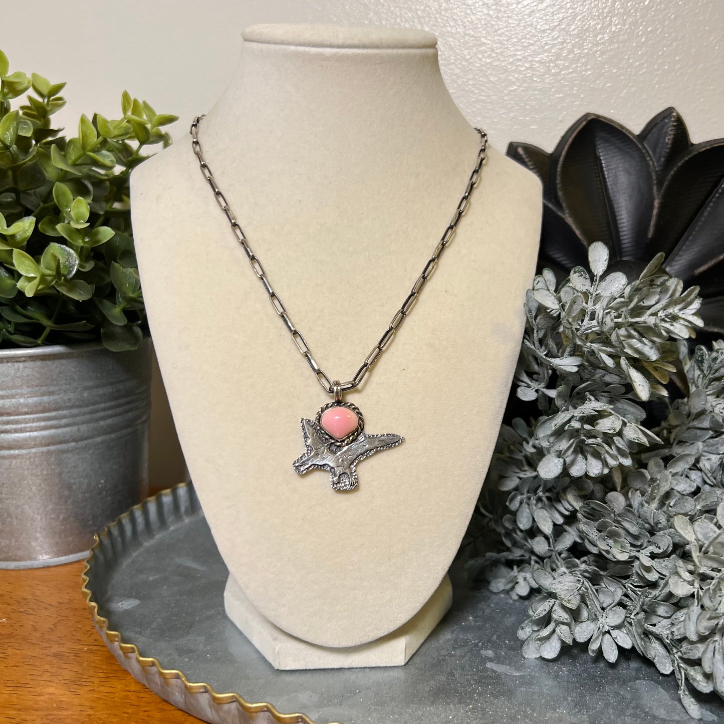 Sterling Silver Pink Conch Pterodactyl Dinosaur Pendant