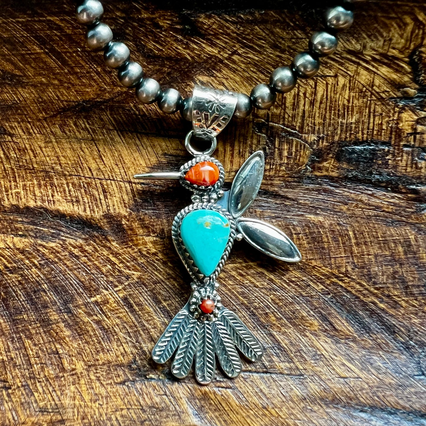 Kingman Turquoise Spiny Oyster Coral Hummingbird Pendant