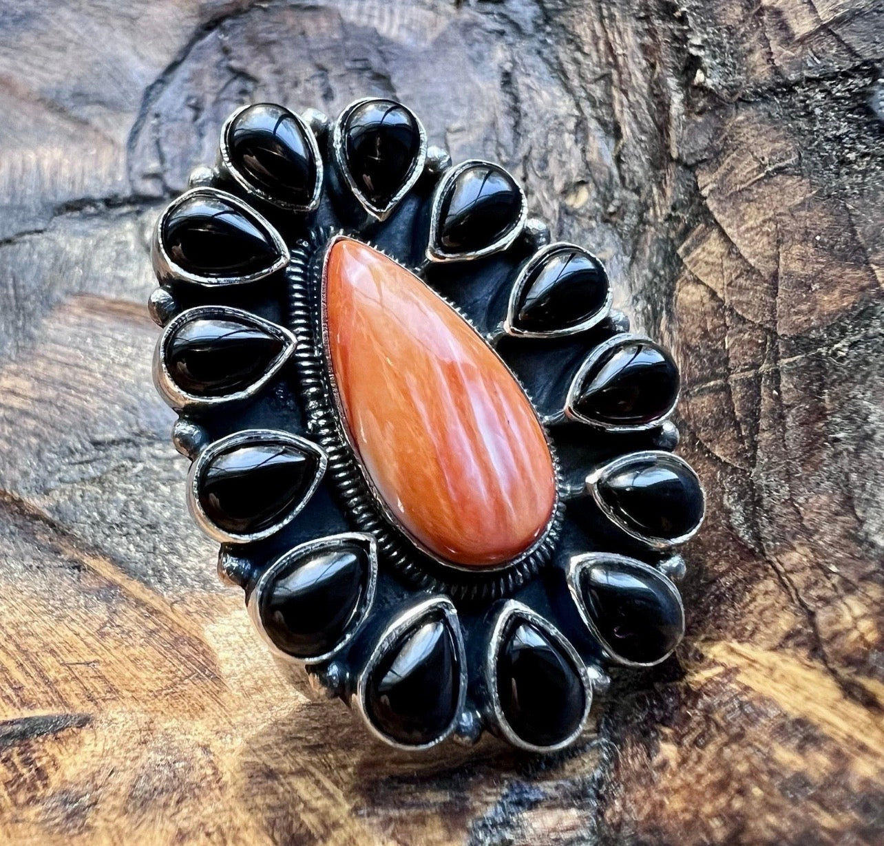 Spiny Oyster & Black Onyx Cluster Statement Ring | Sterling Silver | Size 7