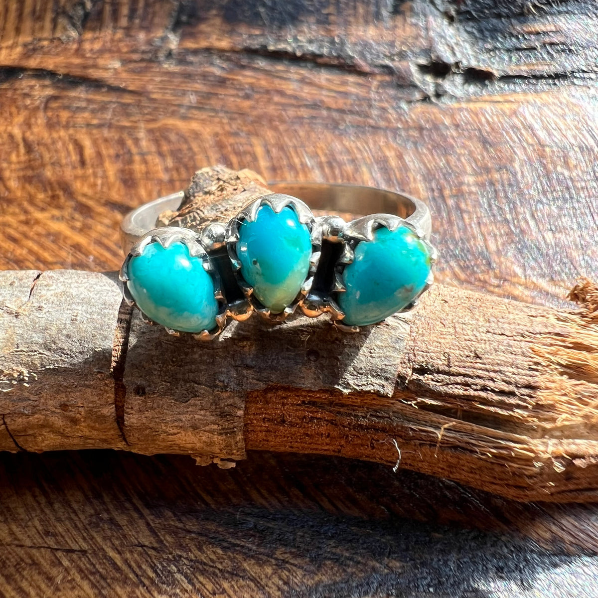 Sterling Silver Kingman Turquoise Three Stone Stacker Ring Size 10.5 Adjustable