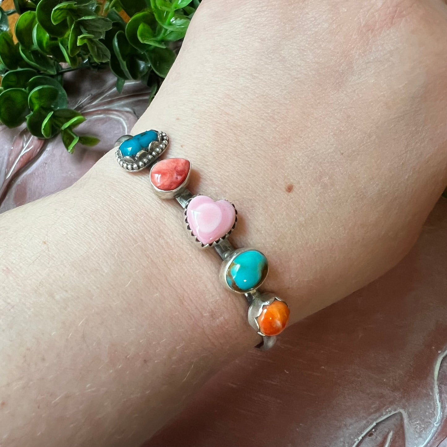 Multi-Stone Sterling Silver Cuff Bracelet | Turquoise, Queen Conch & Spiny Oyster | Size 7.5