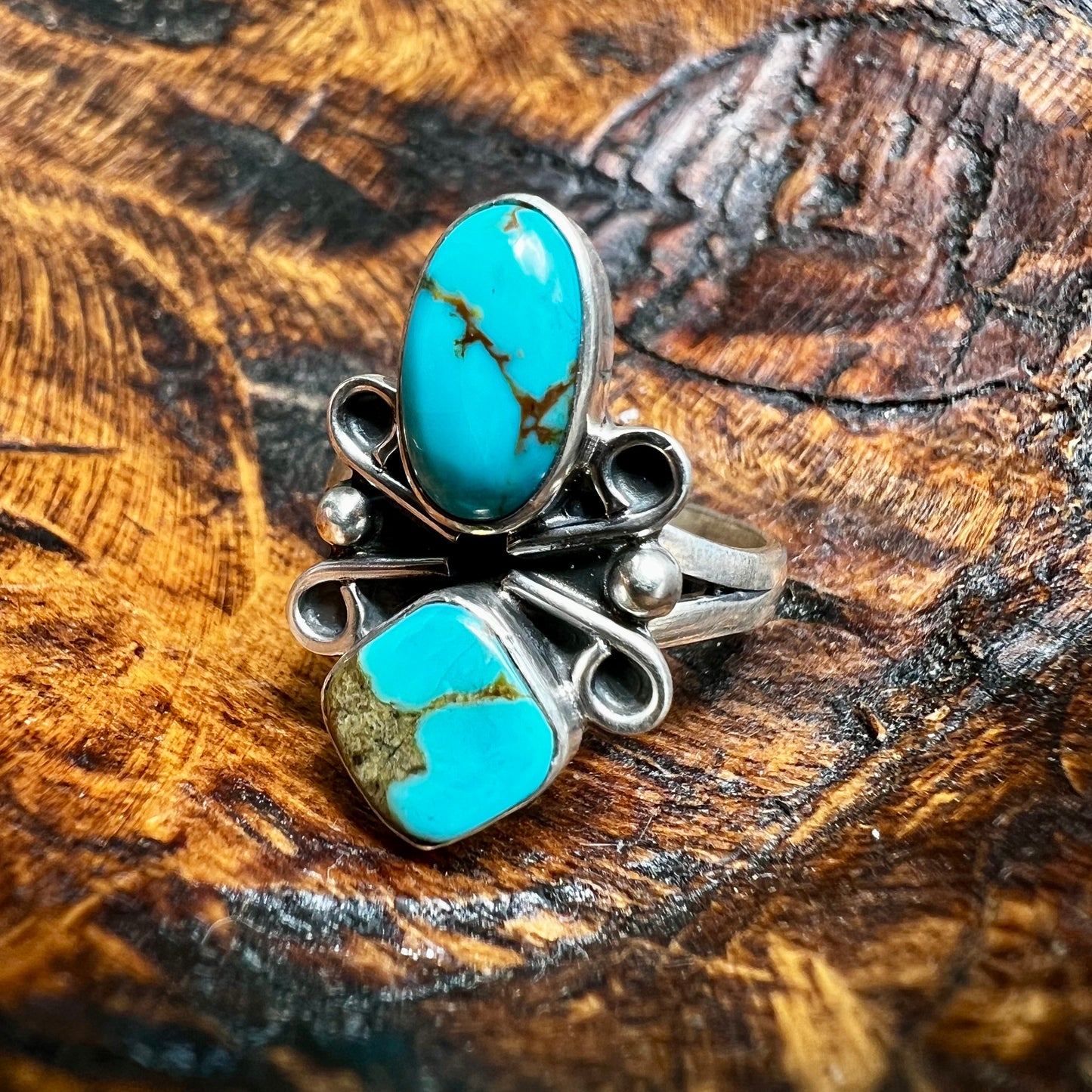 Sterling Silver & Kingman Turquoise Double Stone Ring | Size 9