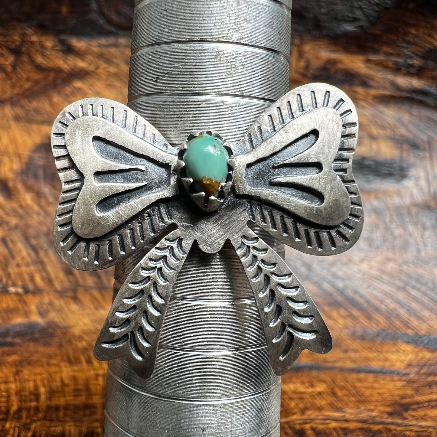 Sterling Silver Kingman Turquoise Bow Ring Size 9 (Adjustable)