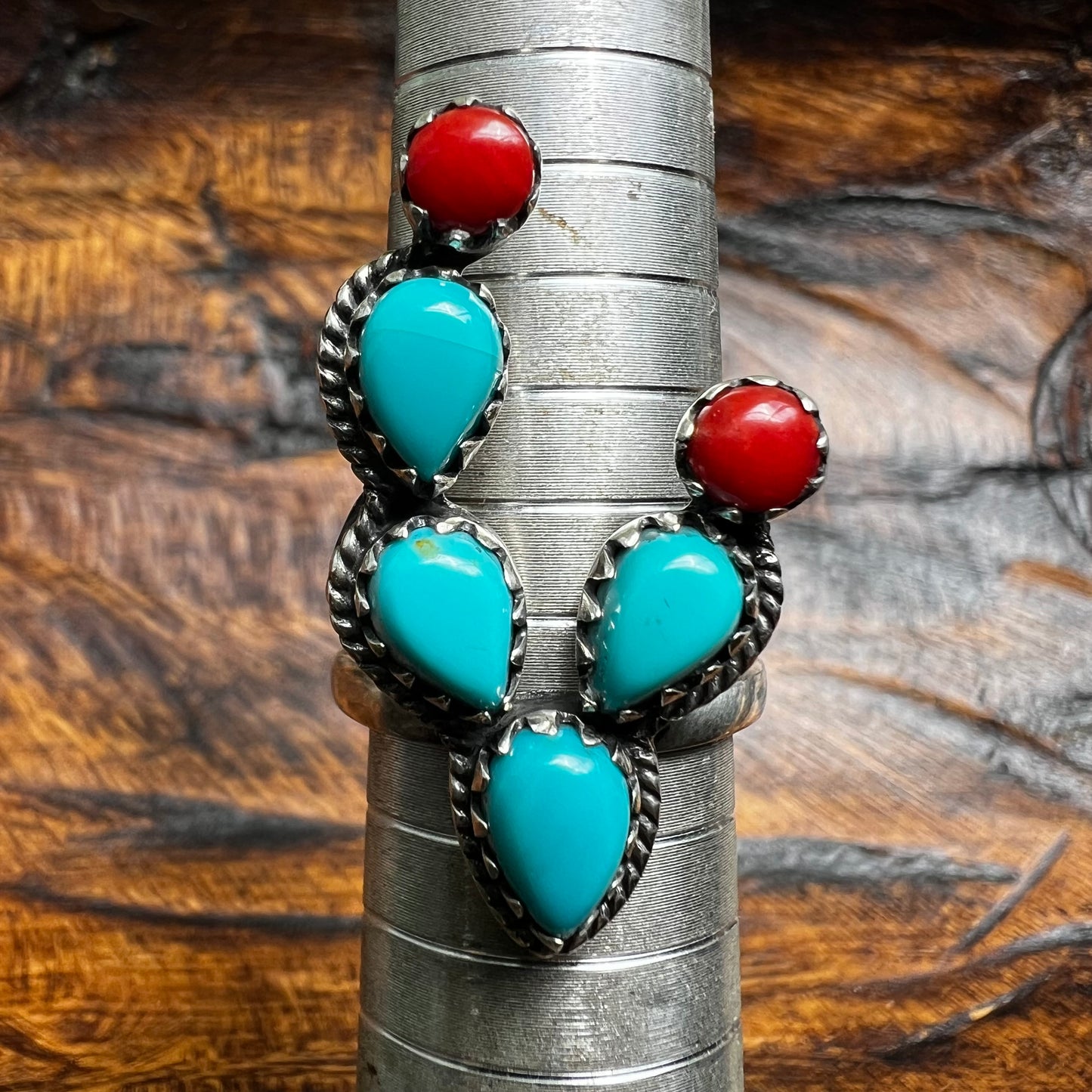 Sterling Silver Kingman Turquoise & Italian Coral Cactus Ring