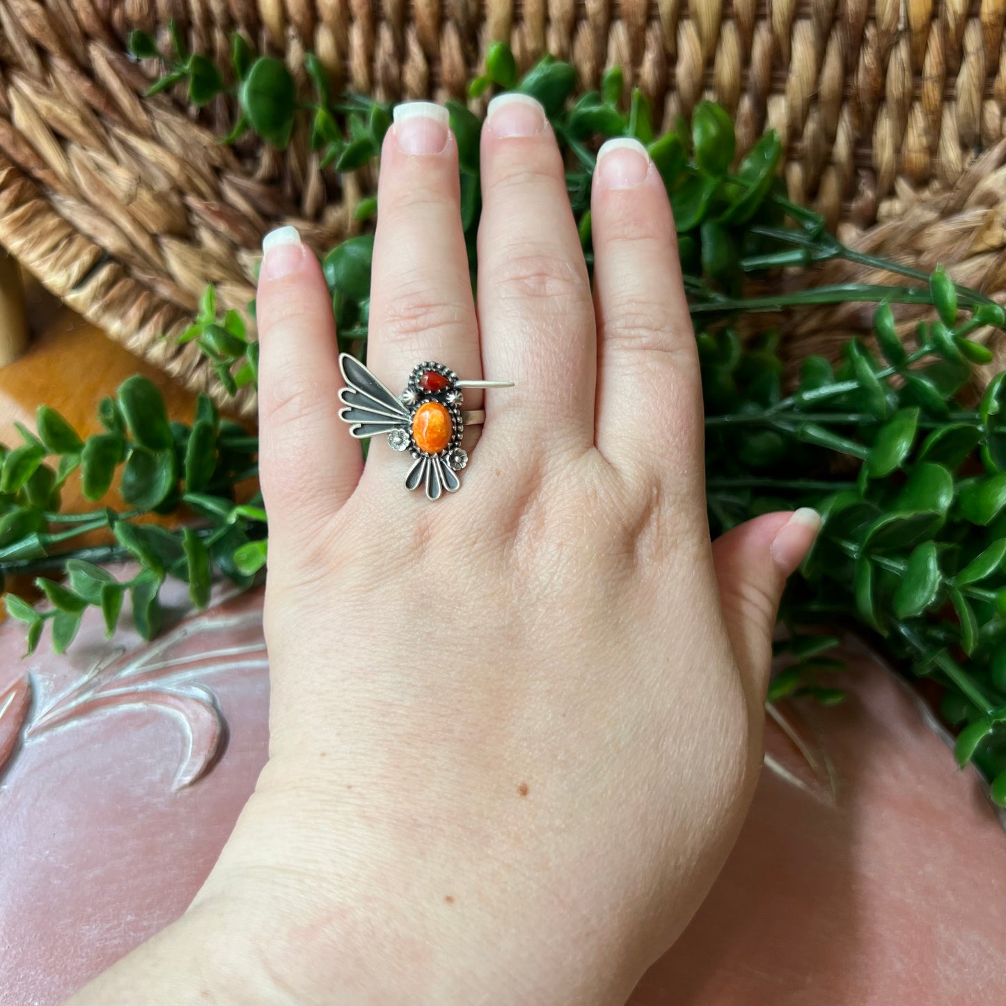 Sterling Silver Spiny Oyster Italian Red Coral Hummingbird Adjustable Ring