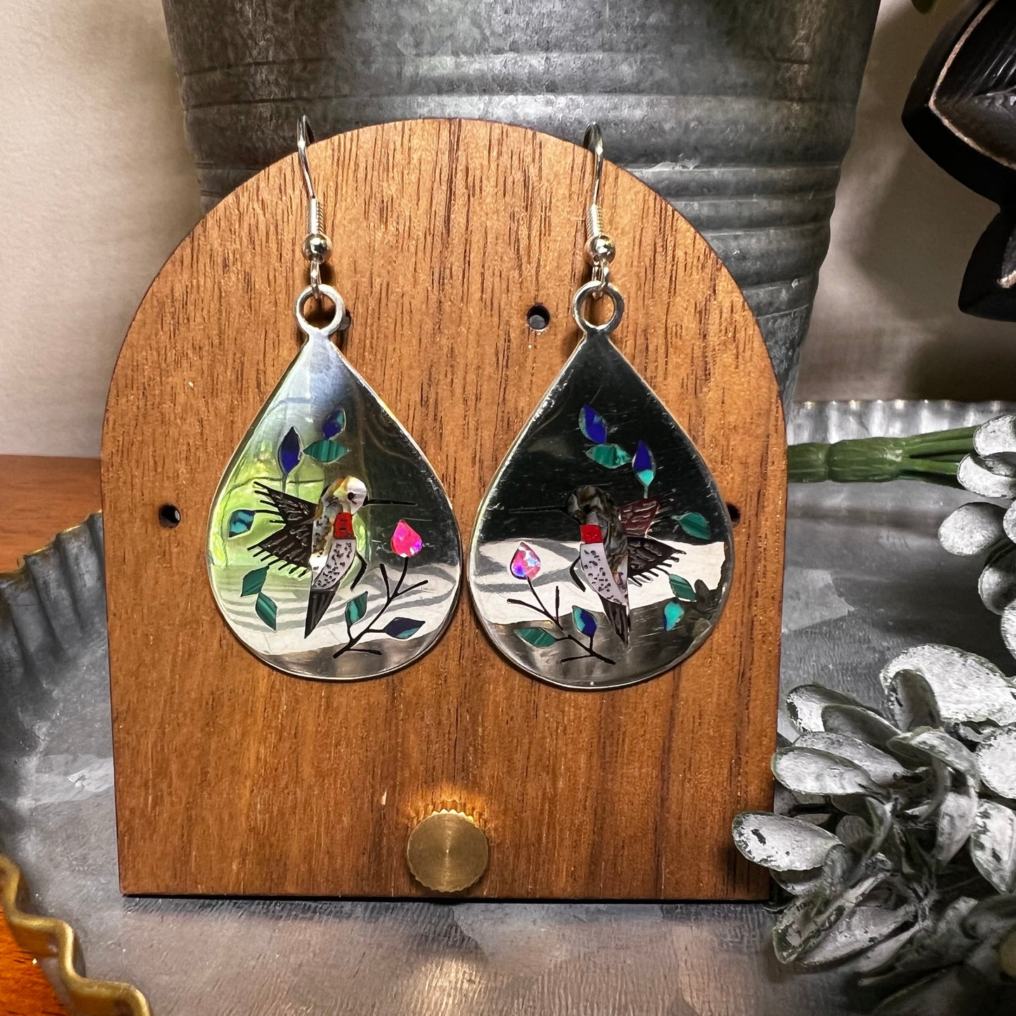 Raymond Boyd Sterling Silver Hummingbird Inlay Earrings