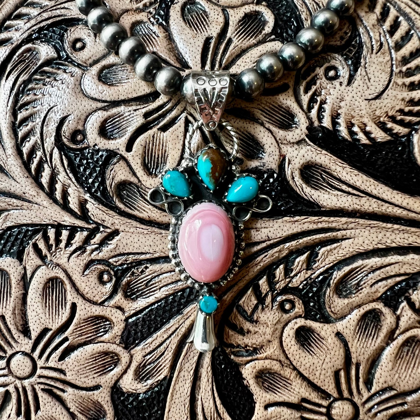 Pink Conch & Kingman Turquoise Squash Blossom Pendant – Sterling Silver