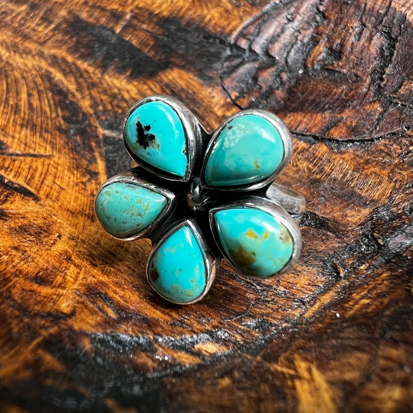Sterling Silver & Kingman Turquoise Flower Ring | Size 9