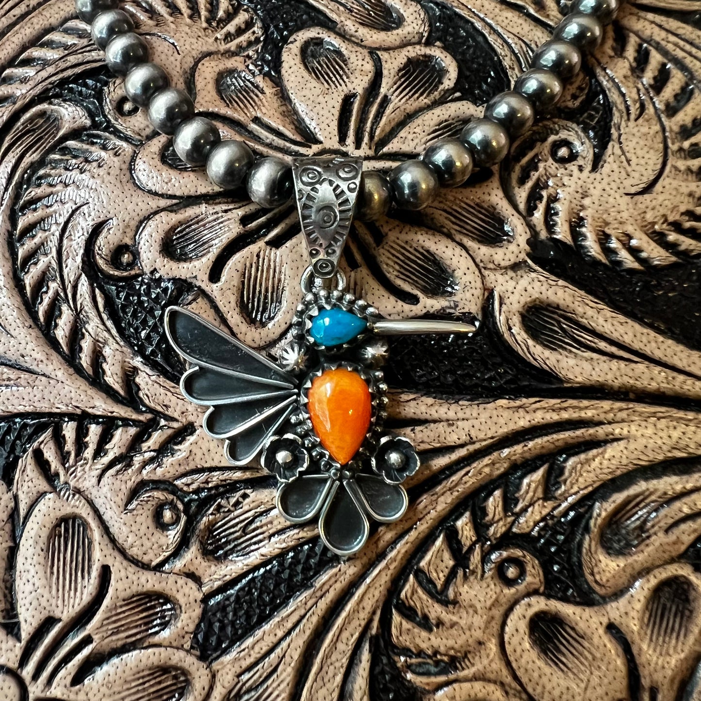 Sterling Silver Kingman Turquoise & Spiny Oyster Hummingbird Pendant